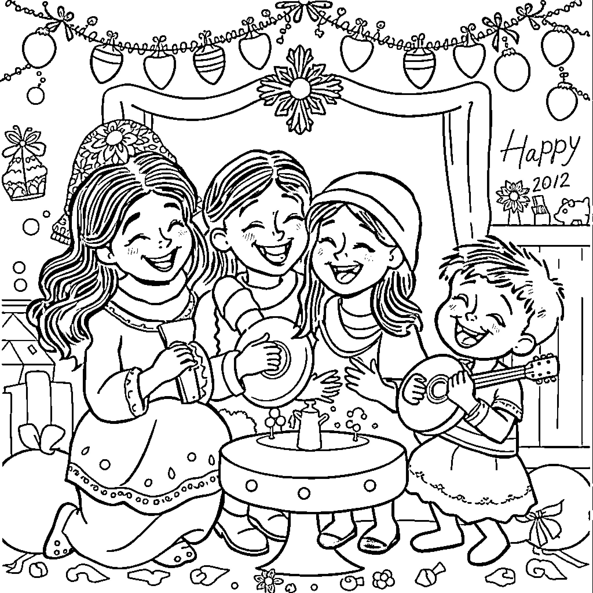 Bluey's Happy Birthday Celebration with Friends Coloring Page (free black-and-white line drawing printable PDF for all, from beginners to advanced learners, including children, teens, adults, and seniors)