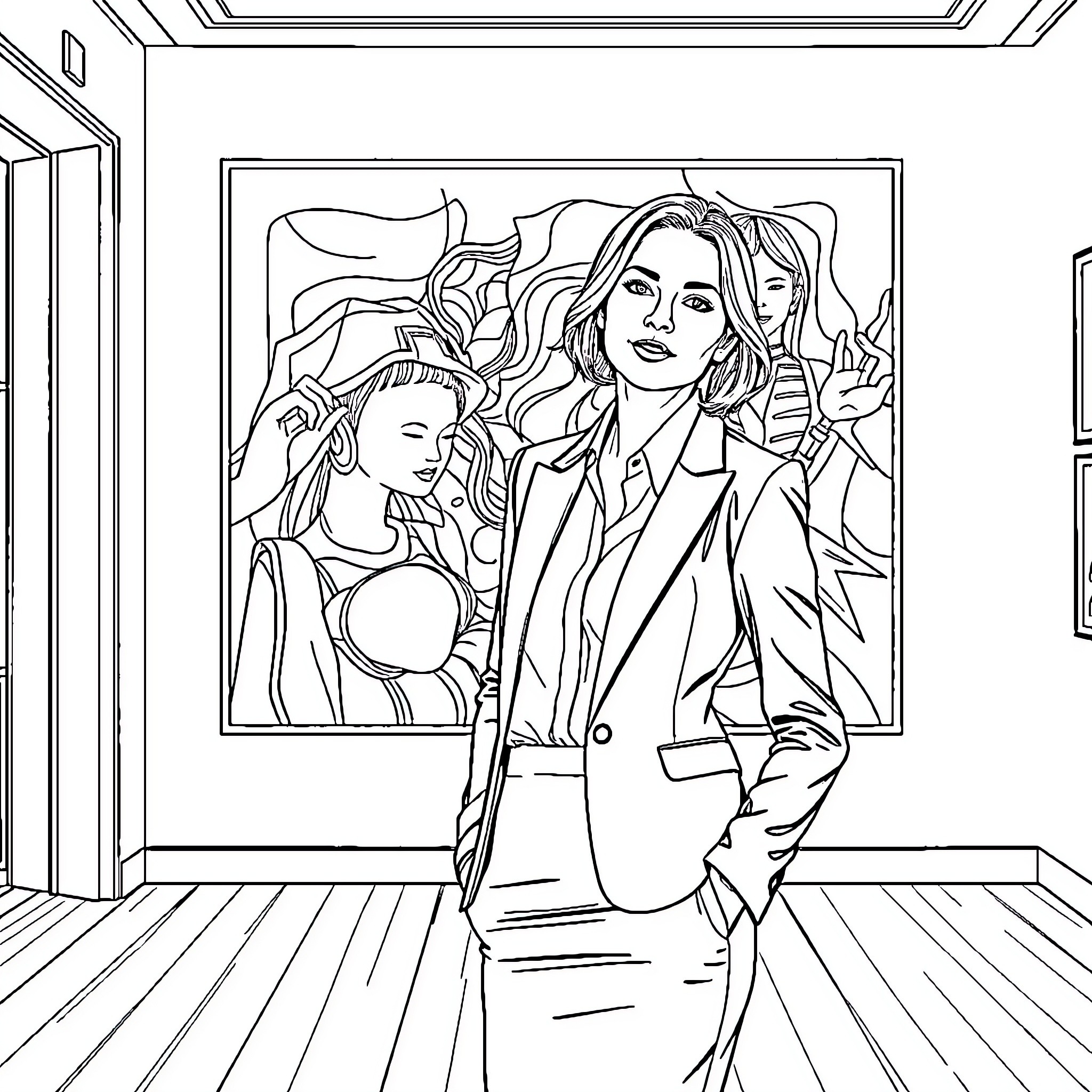 Natasha Raskin Sharpe posing confidently in an art gallery Coloring Page (free black-and-white line drawing printable PDF for all, from beginners to advanced learners, including children, teens, adults, and seniors)