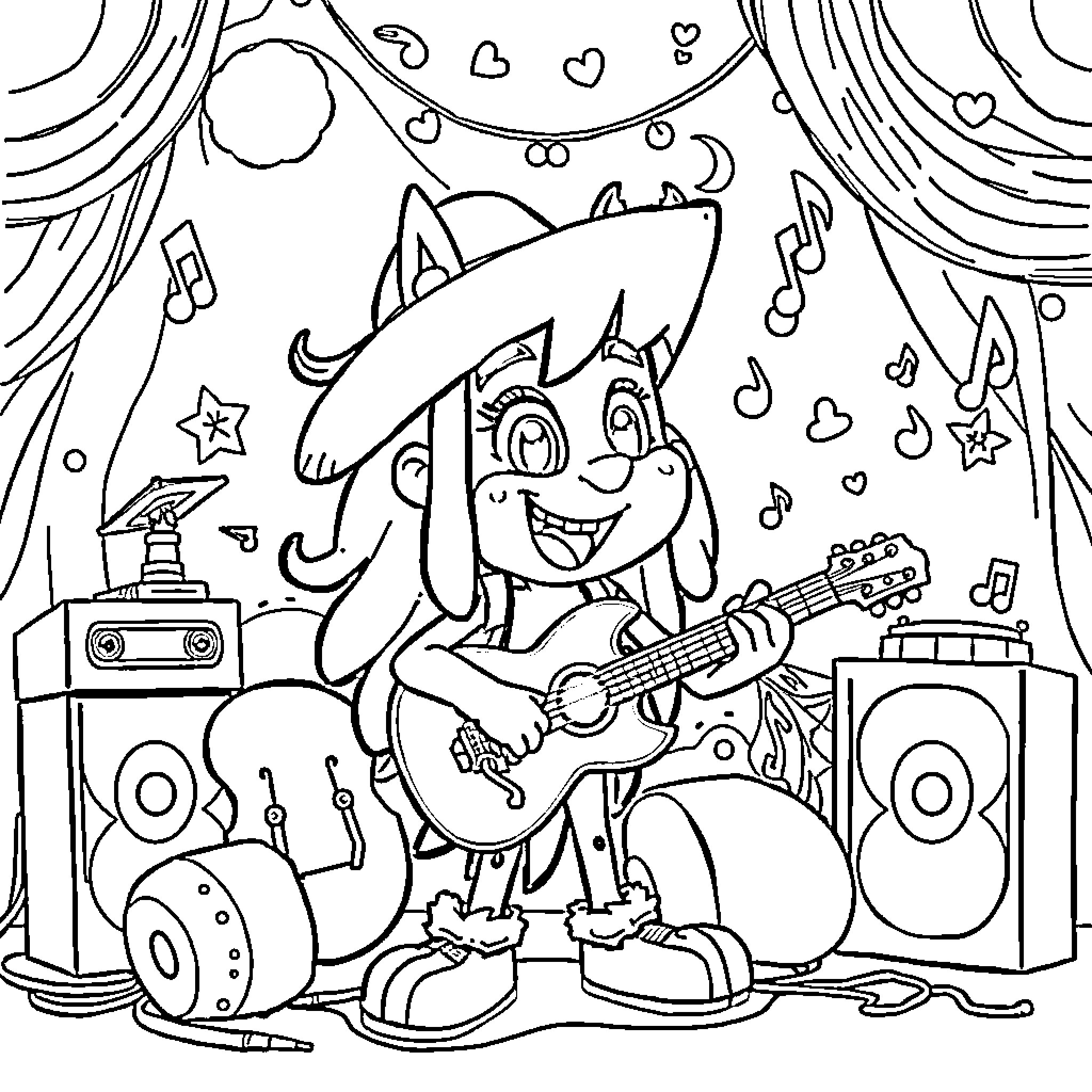 Coco playing guitar on stage with musical instruments Coloring Page (free black-and-white line drawing printable PDF for all, from beginners to advanced learners, including children, teens, adults, and seniors)