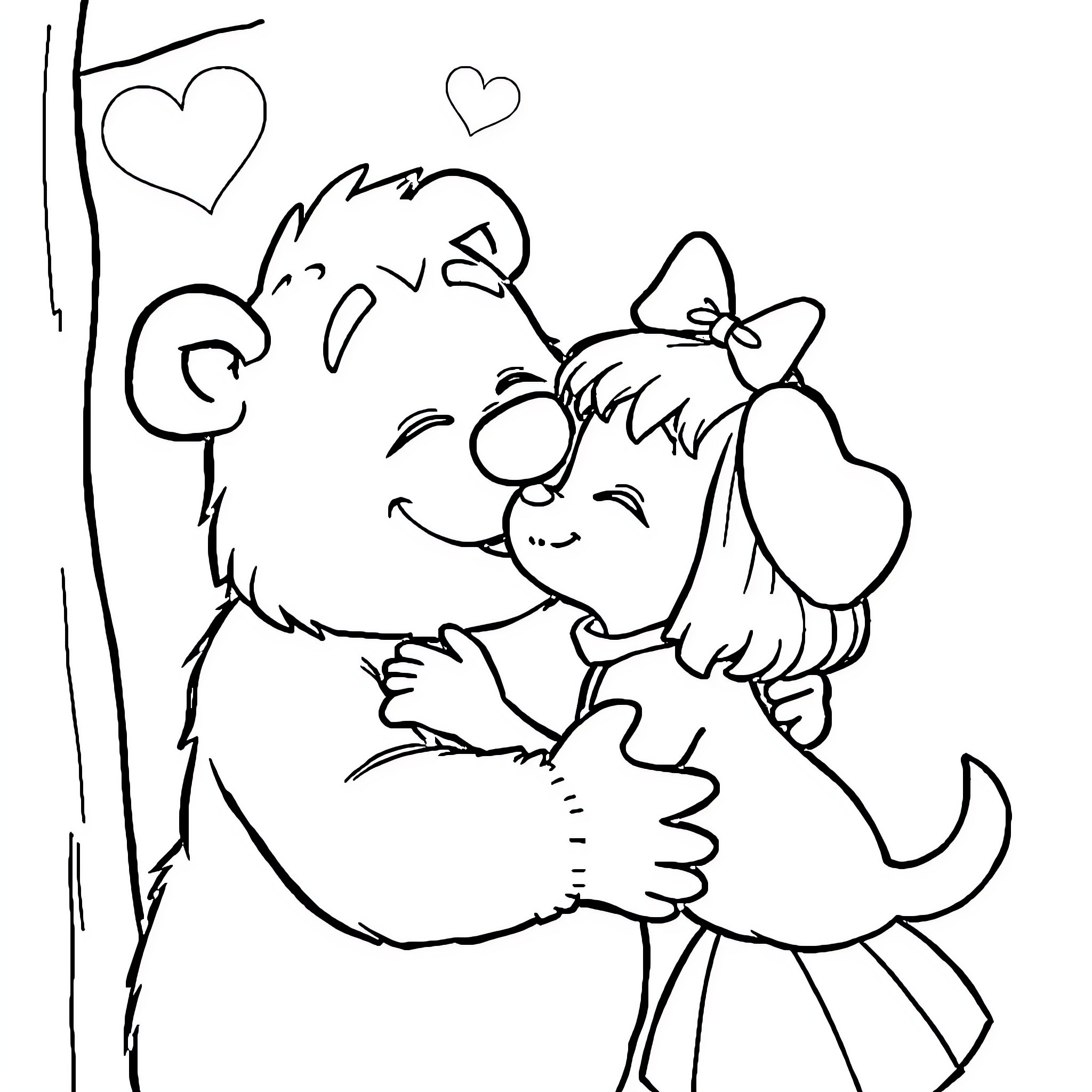 Hugie Bugie Couple Embracing with Hearts Coloring Page (free black-and-white line drawing printable PDF for all, from beginners to advanced learners, including children, teens, adults, and seniors)