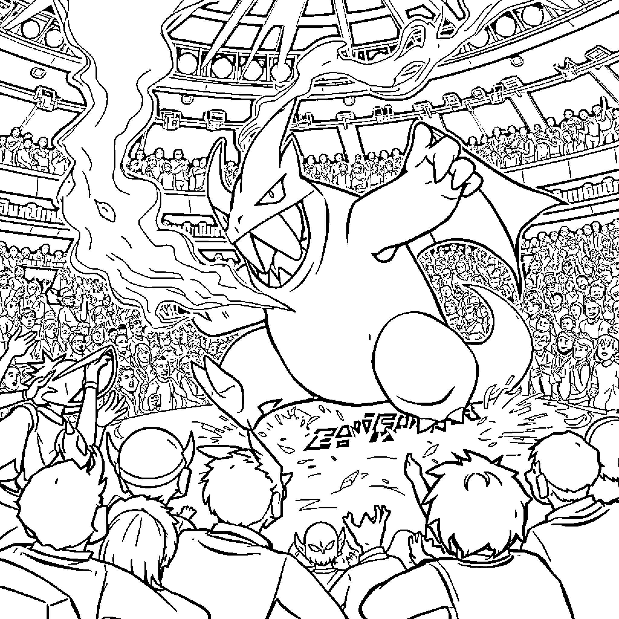 Gengar terrorizing a chaotic crowd Coloring Page (free black-and-white line drawing printable PDF for all, from beginners to advanced learners, including children, teens, adults, and seniors)