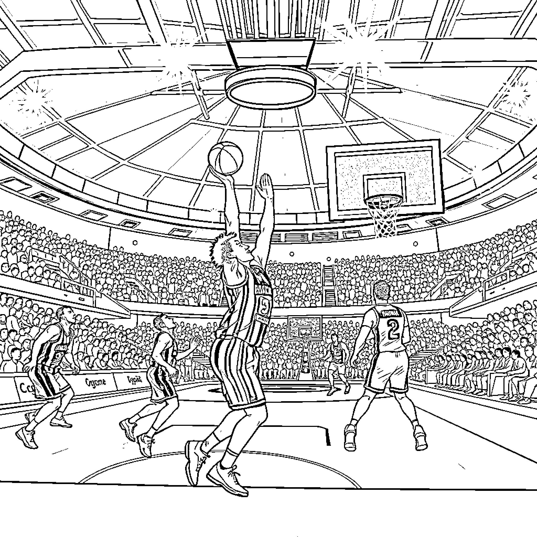 Baskonia players competing in intense basketball game Coloring Page (free black-and-white line drawing printable PDF for all, from beginners to advanced learners, including children, teens, adults, and seniors)