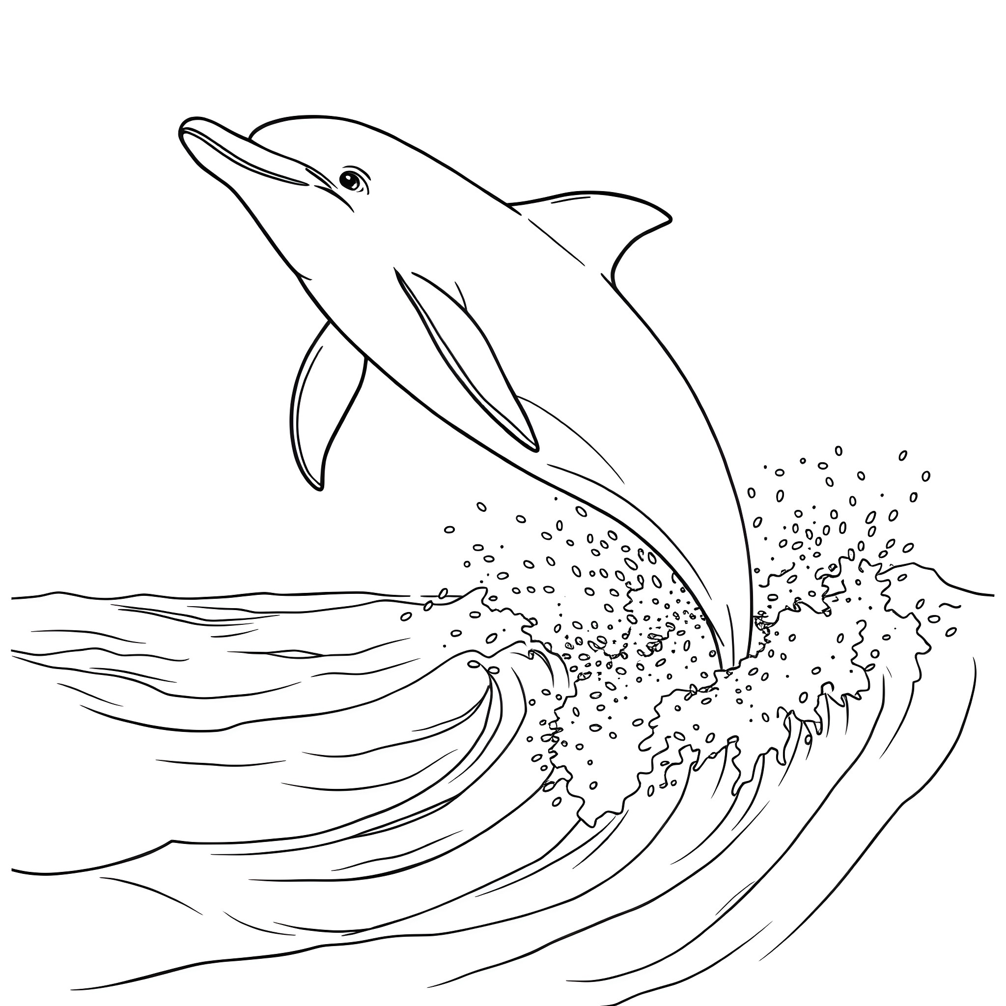 Dolphin leaping through the waves Coloring Page (free black-and-white line drawing printable PDF for all, from beginners to advanced learners, including children, teens, adults, and seniors)