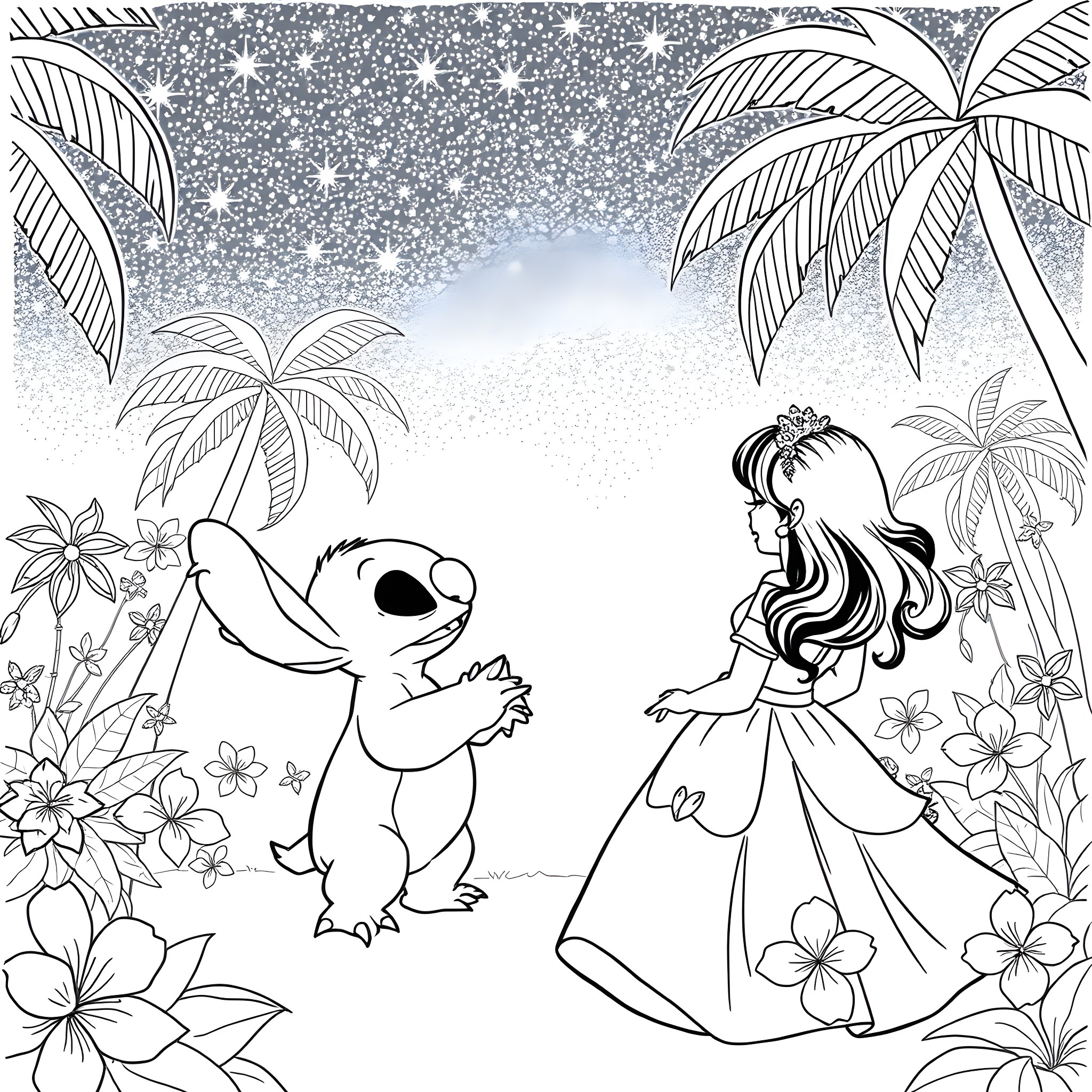 Lilo And Stitch playing and exploring in a tropical paradise Coloring Page (free black-and-white line drawing printable PDF for all, from beginners to advanced learners, including children, teens, adults, and seniors)