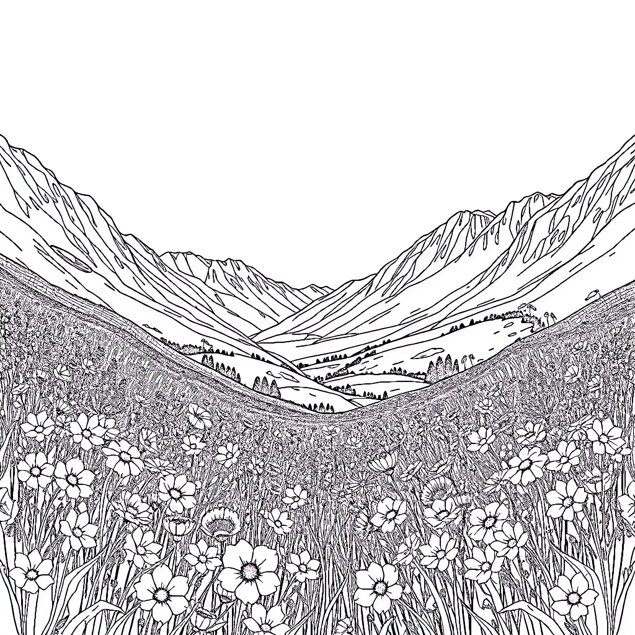 Flower-filled valley surrounded by majestic mountains Coloring Page (free black-and-white line drawing printable PDF for all, from beginners to advanced learners, including children, teens, adults, and seniors)