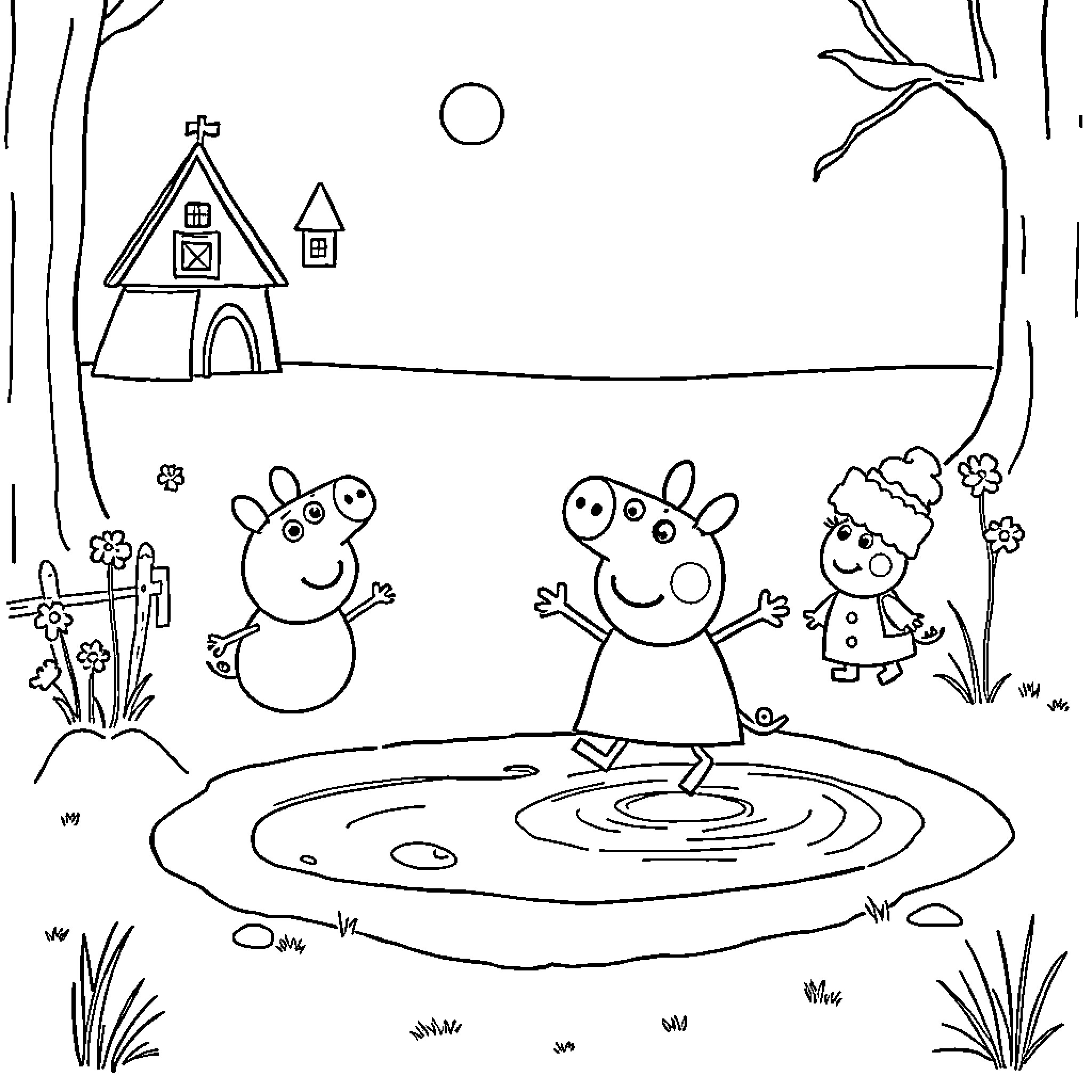 Peppa Pig and friends explore the countryside Coloring Page (free black-and-white line drawing printable PDF for all, from beginners to advanced learners, including children, teens, adults, and seniors)