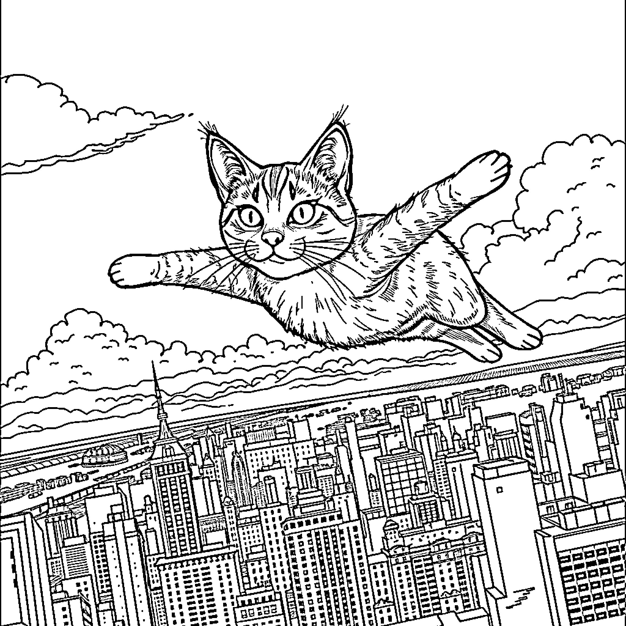 Tabby Cat Soaring Over Cityscape Coloring Page (free black-and-white line drawing printable PDF for all, from beginners to advanced learners, including children, teens, adults, and seniors)