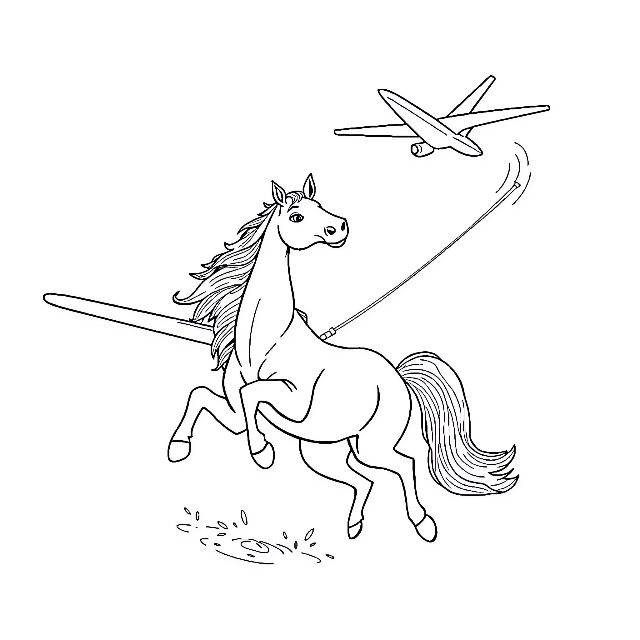 Car with horse chasing an airplane in the sky Coloring Page (free black-and-white line drawing printable PDF for all, from beginners to advanced learners, including children, teens, adults, and seniors)