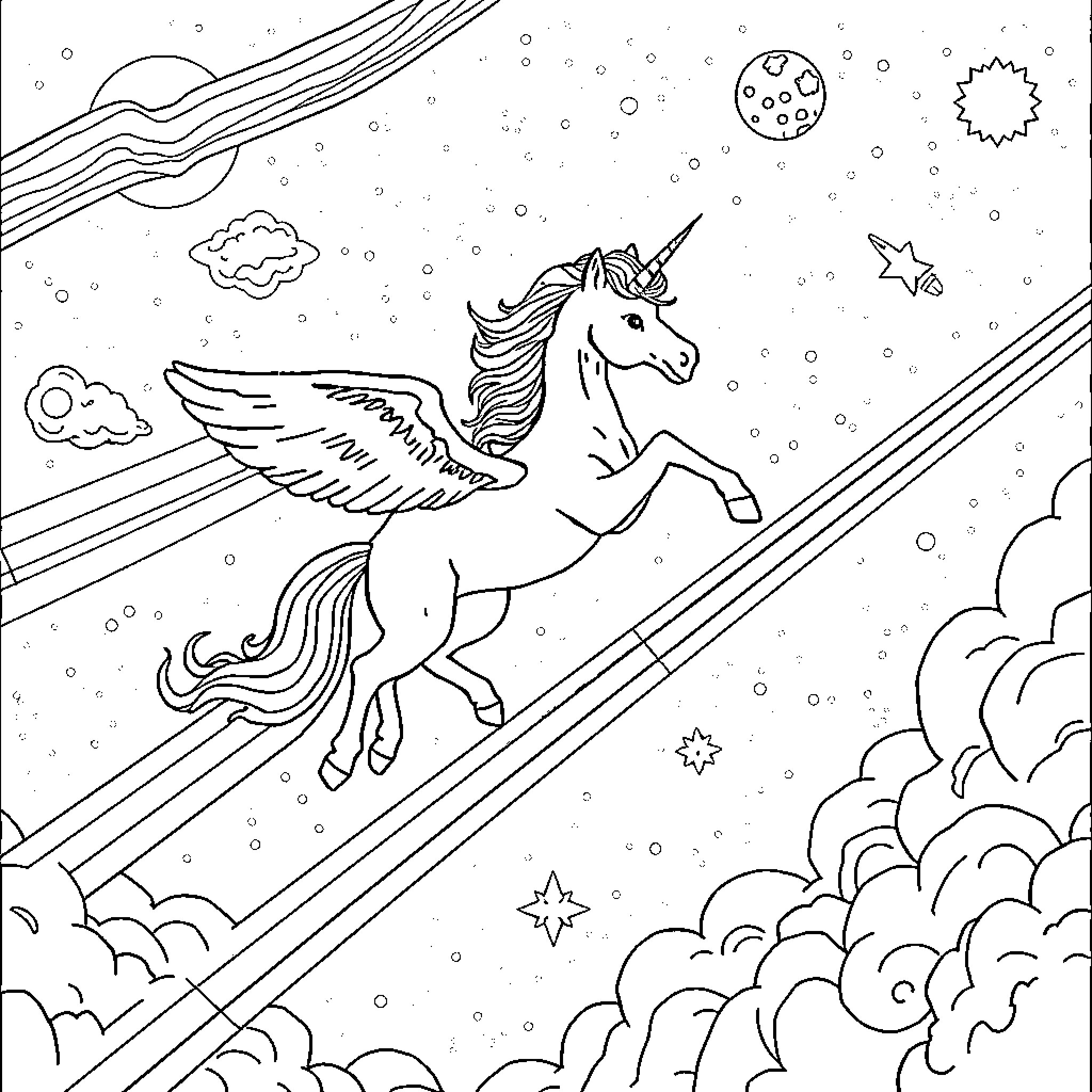 Unicorn soaring through the magical night sky Coloring Page (free black-and-white line drawing printable PDF for all, from beginners to advanced learners, including children, teens, adults, and seniors)