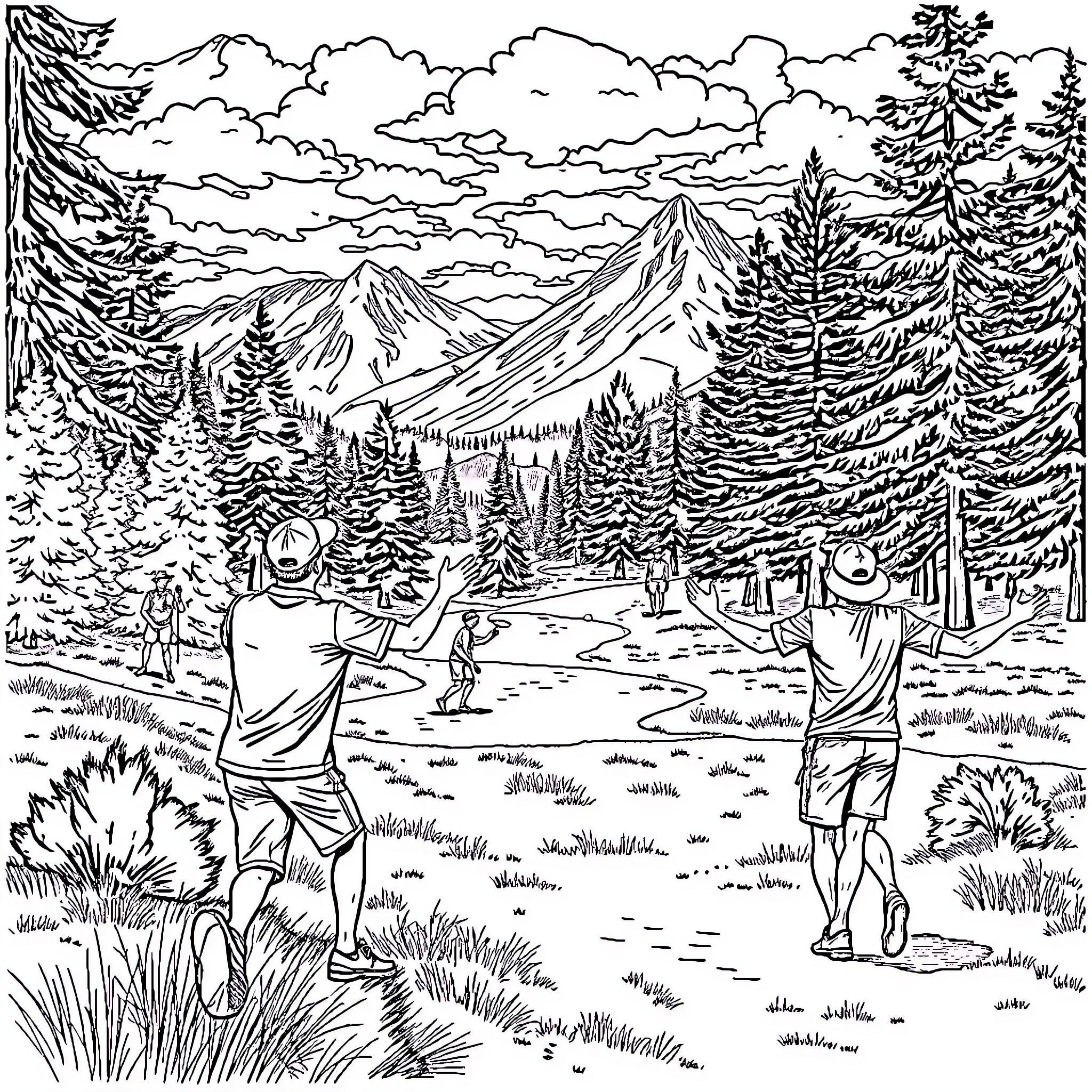 Disc Golf Enthusiasts Enjoying the Outdoors Coloring Page (free black-and-white line drawing printable PDF for all, from beginners to advanced learners, including children, teens, adults, and seniors)