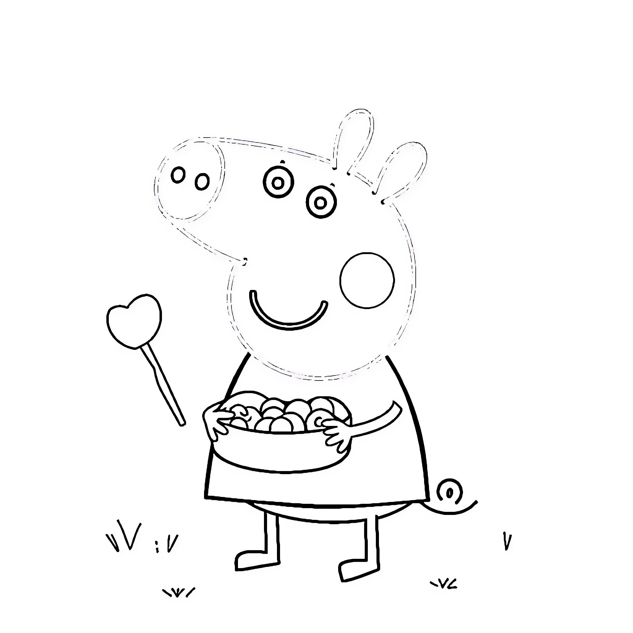 Peppa Pig holding a bowl of treats Coloring Page (free black-and-white line drawing printable PDF for all, from beginners to advanced learners, including children, teens, adults, and seniors)