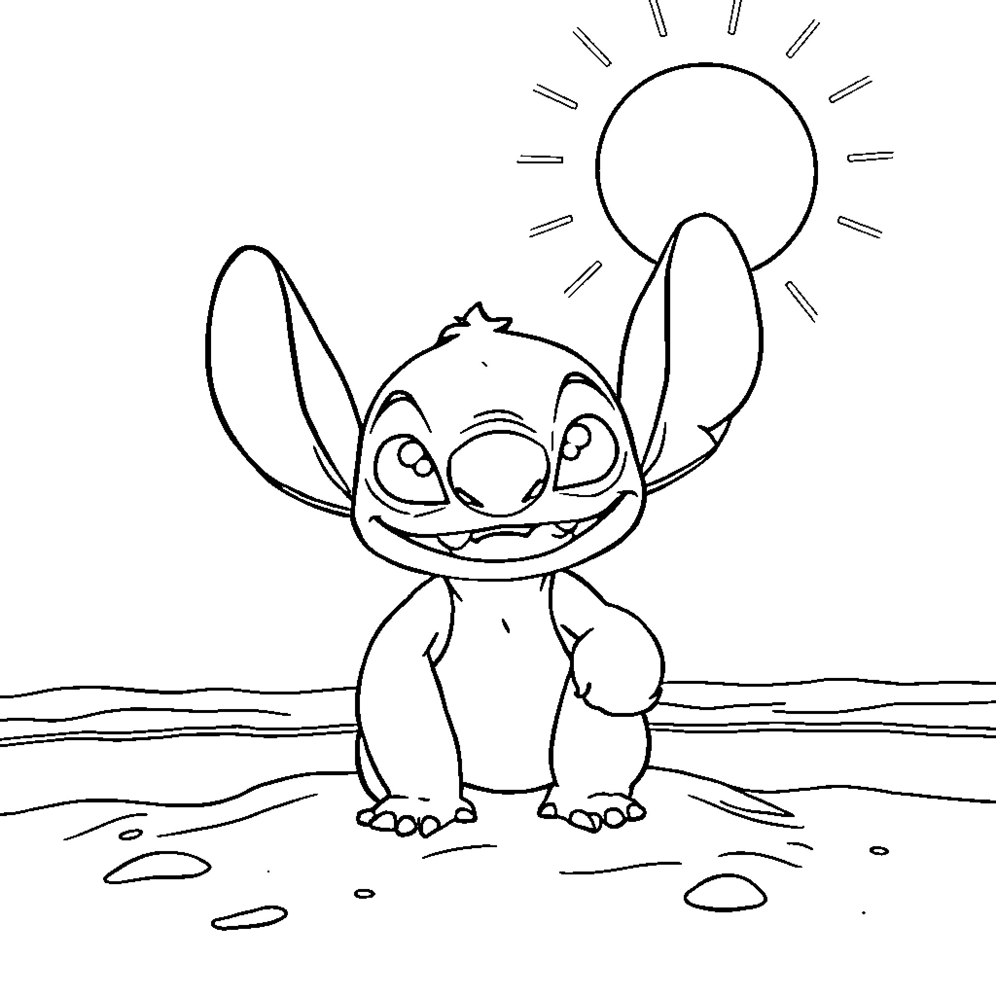 Stitch enjoying the sunny day at the beach Coloring Page (free black-and-white line drawing printable PDF for all, from beginners to advanced learners, including children, teens, adults, and seniors)