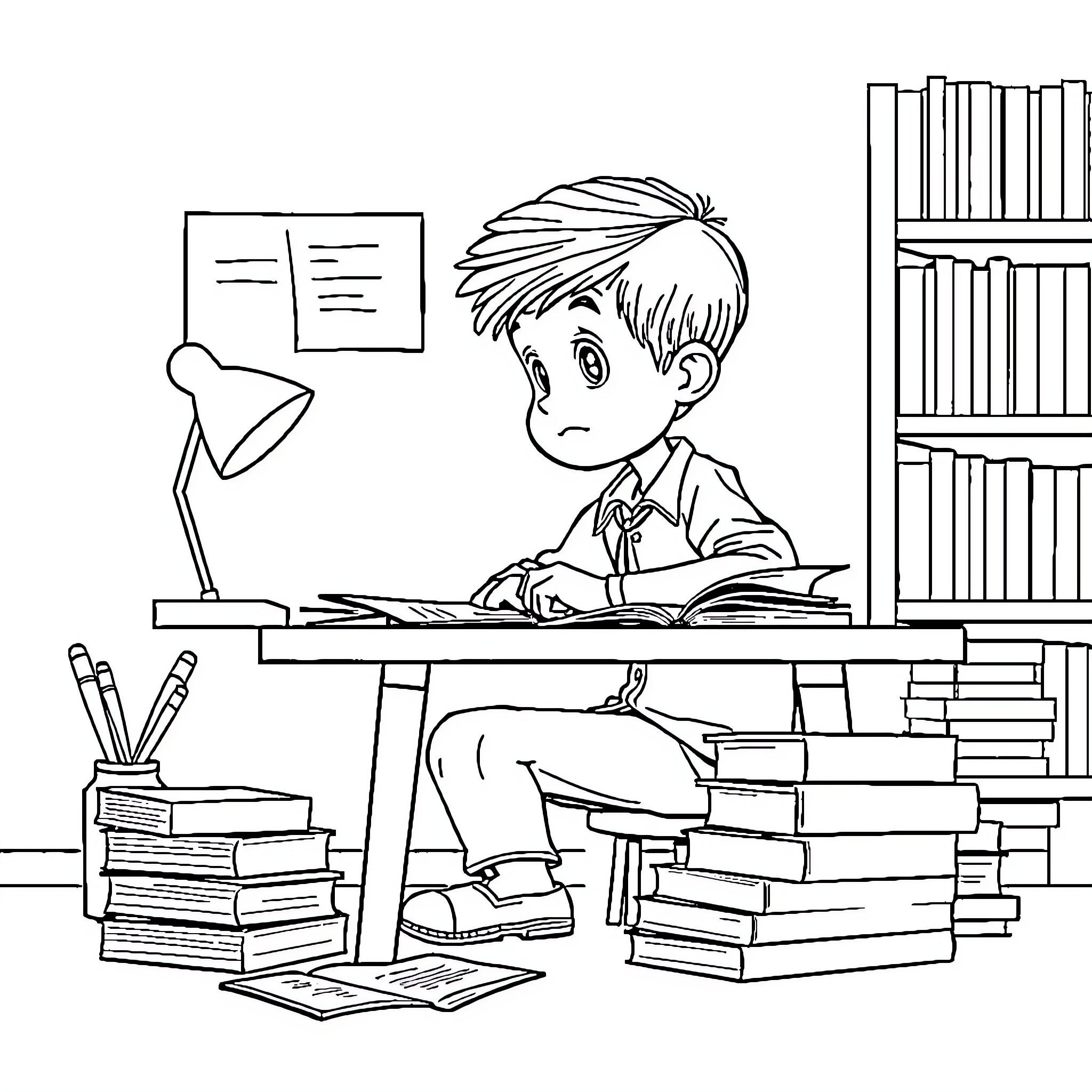 Boy studying diligently at his desk in the library Coloring Page (free black-and-white line drawing printable PDF for all, from beginners to advanced learners, including children, teens, adults, and seniors)