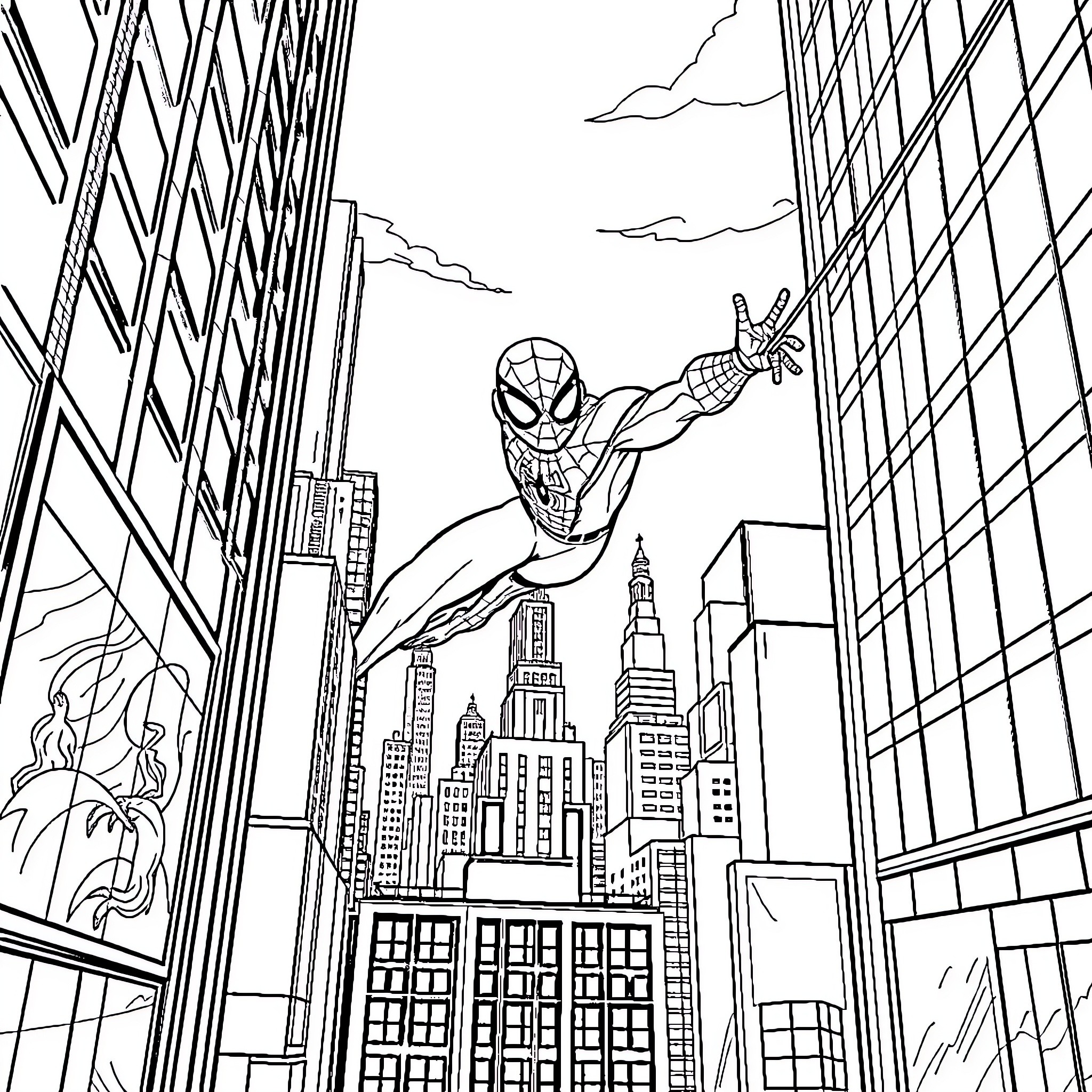 Spider-Man swinging through the city skyline Coloring Page (free black-and-white line drawing printable PDF for all, from beginners to advanced learners, including children, teens, adults, and seniors)