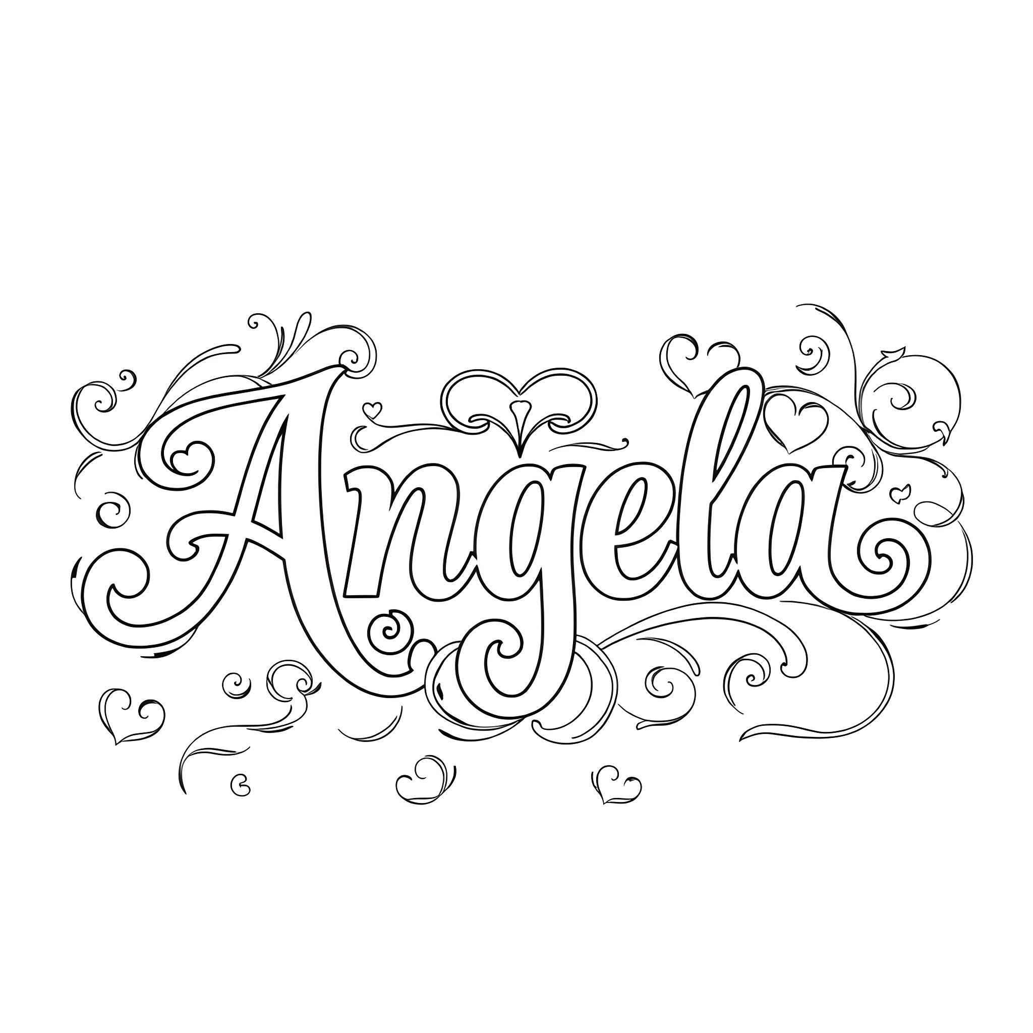 Angela's Decorative Name Lettering Coloring Page (free black-and-white line drawing printable PDF for all, from beginners to advanced learners, including children, teens, adults, and seniors)
