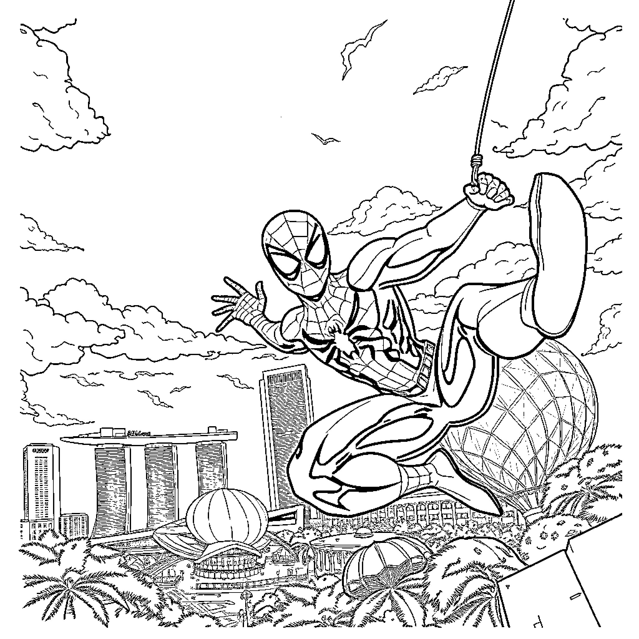 Spiderman swinging through the city skyline Coloring Page (free black-and-white line drawing printable PDF for all, from beginners to advanced learners, including children, teens, adults, and seniors)