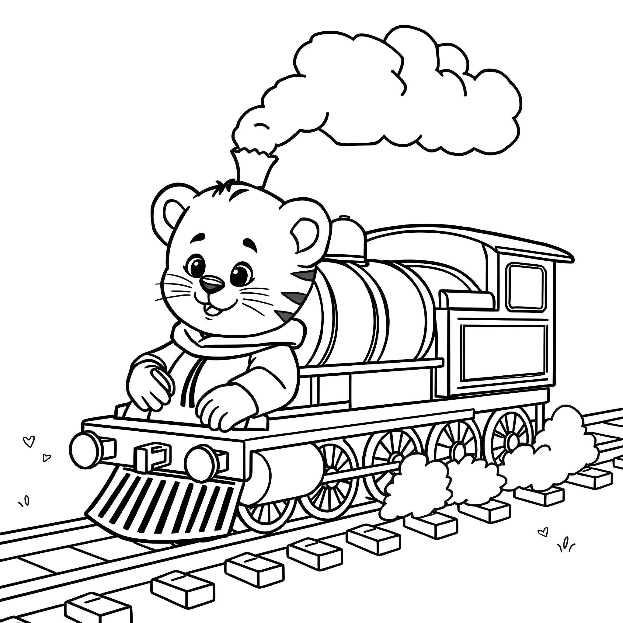 Daniel Tiger playing happily on the train Coloring Page (free black-and-white line drawing printable PDF for all, from beginners to advanced learners, including children, teens, adults, and seniors)
