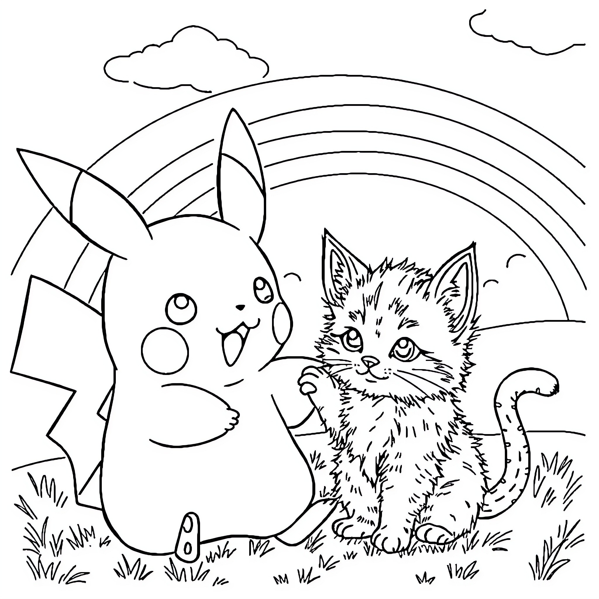 Pikachu and a Kitten in a Grassy Field with a Rainbow Coloring Page (free black-and-white line drawing printable PDF for all, from beginners to advanced learners, including children, teens, adults, and seniors)