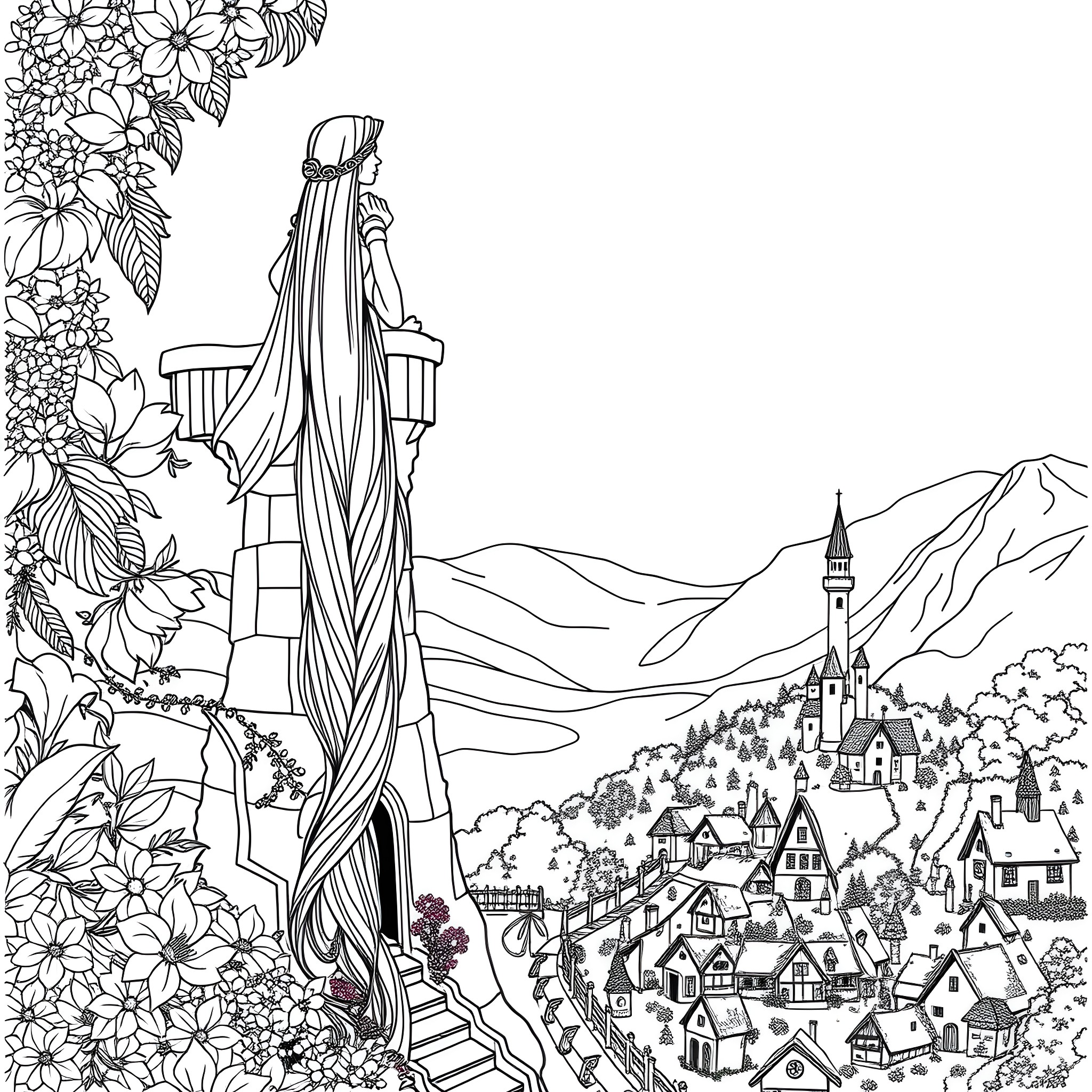 Rapunzel sitting in a tower overlooking a quaint village Coloring Page (free black-and-white line drawing printable PDF for all, from beginners to advanced learners, including children, teens, adults, and seniors)