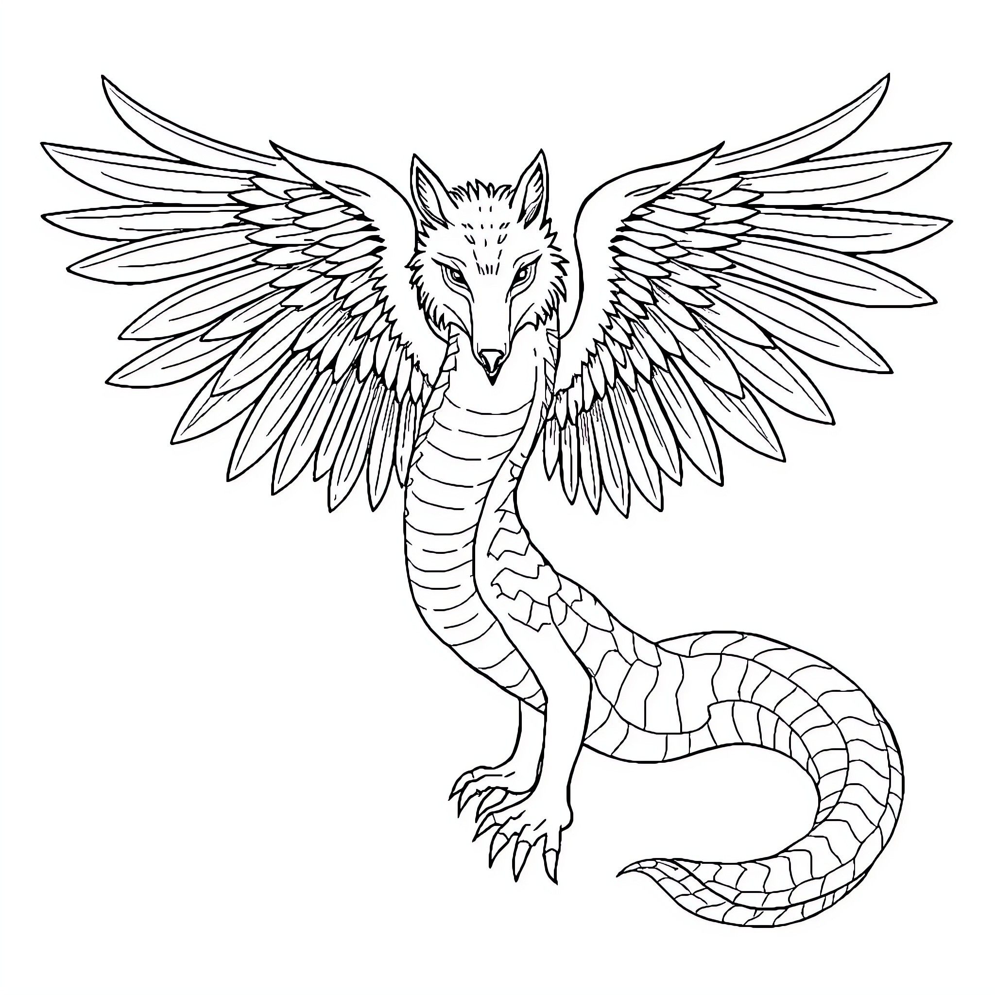 Wolf with Majestic Wings Soaring Through the Skies Coloring Page (free black-and-white line drawing printable PDF for all, from beginners to advanced learners, including children, teens, adults, and seniors)