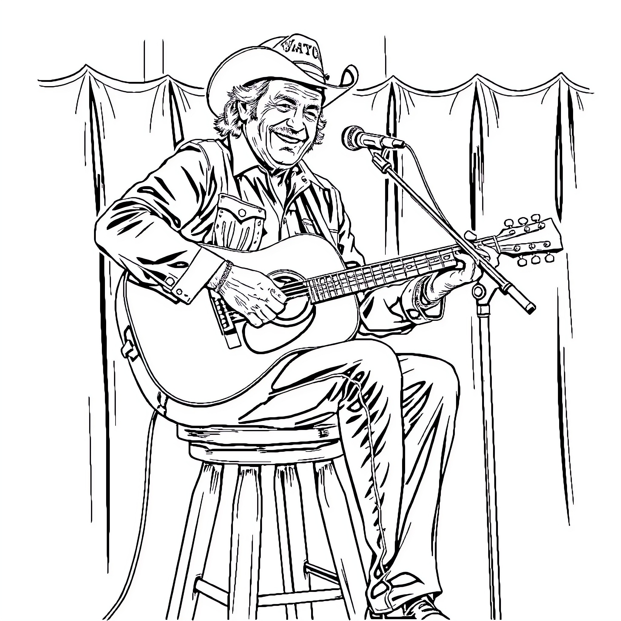 Waylon Jennings Performing on Stage with Guitar Coloring Page (free black-and-white line drawing printable PDF for all, from beginners to advanced learners, including children, teens, adults, and seniors)