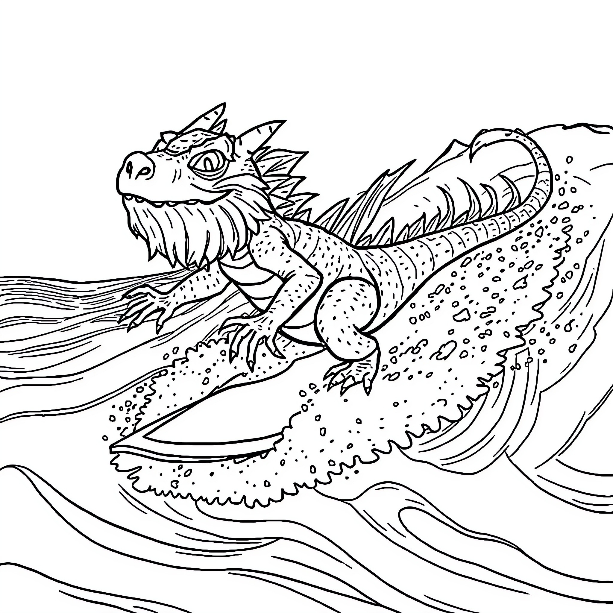 Bearded Dragon surfing in the waves Coloring Page (free black-and-white line drawing printable PDF for all, from beginners to advanced learners, including children, teens, adults, and seniors)
