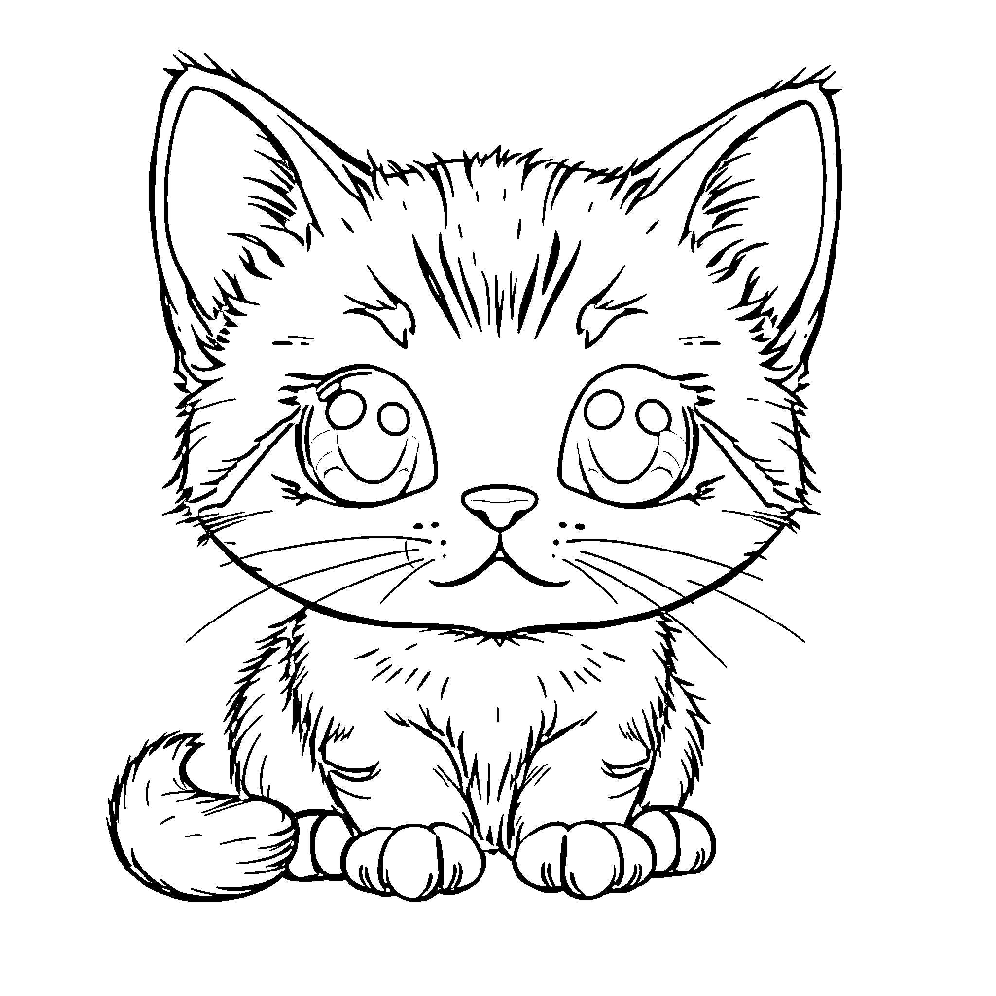 Kitten with happy expression Coloring Page (free black-and-white line drawing printable PDF for all, from beginners to advanced learners, including children, teens, adults, and seniors)