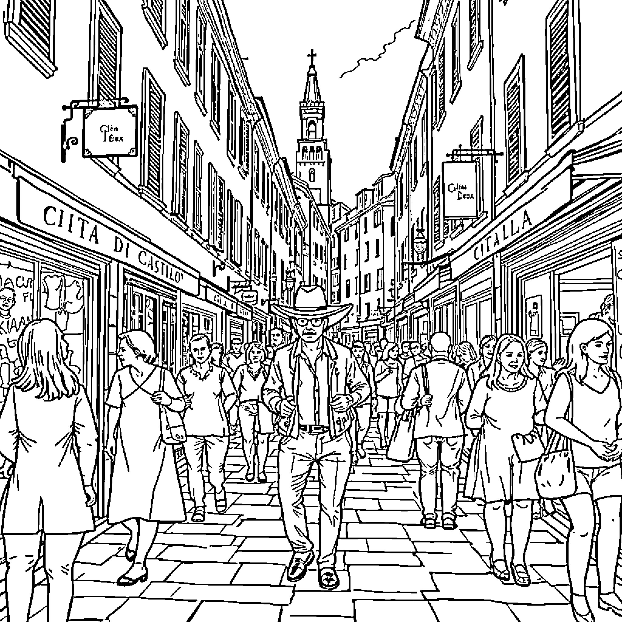 Tex's Bustling City Street Scene Coloring Page (free black-and-white line drawing printable PDF for all, from beginners to advanced learners, including children, teens, adults, and seniors)