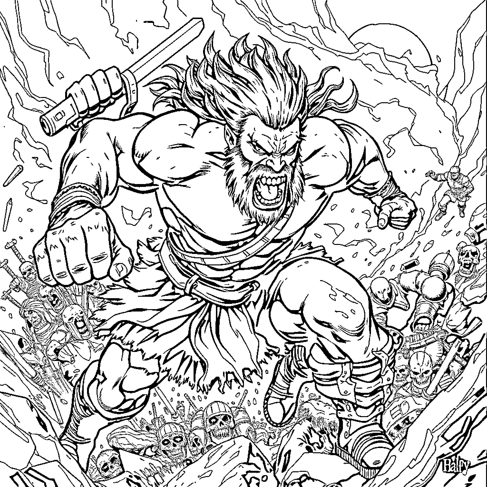 Orc Warrior Charging Into Battle with Ferocity Coloring Page (free black-and-white line drawing printable PDF for all, from beginners to advanced learners, including children, teens, adults, and seniors)