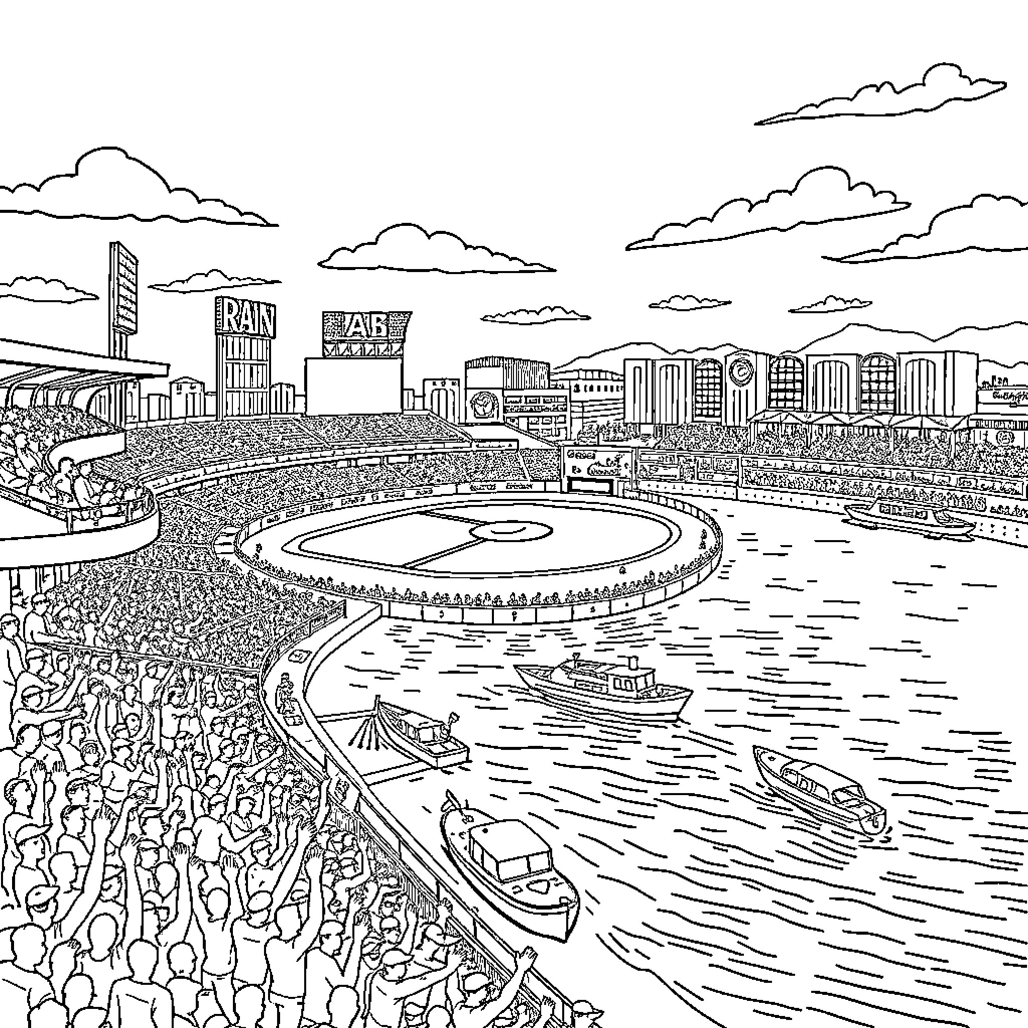 Baseball Stadium with Crowds and Boats in the River Coloring Page (free black-and-white line drawing printable PDF for all, from beginners to advanced learners, including children, teens, adults, and seniors)