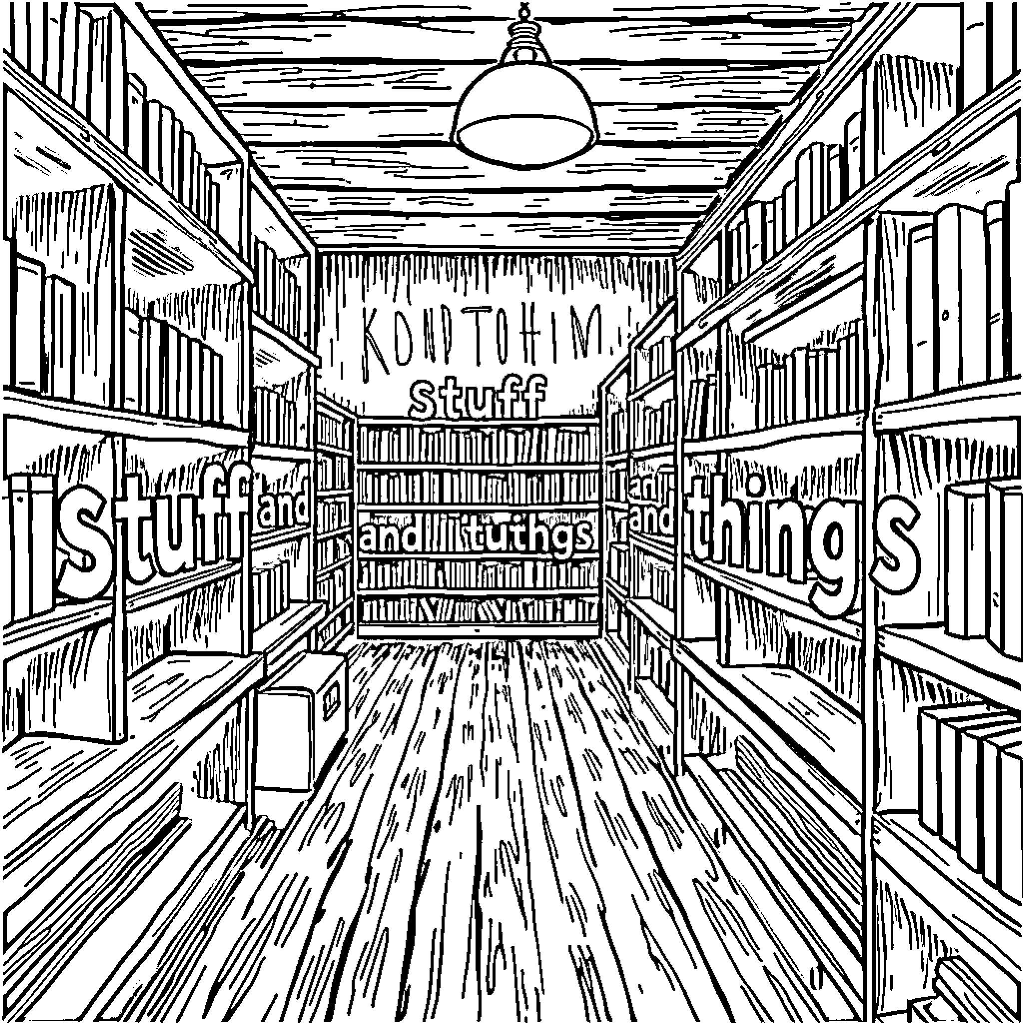 Bookstore filled with various goods and merchandise Coloring Page (free black-and-white line drawing printable PDF for all, from beginners to advanced learners, including children, teens, adults, and seniors)