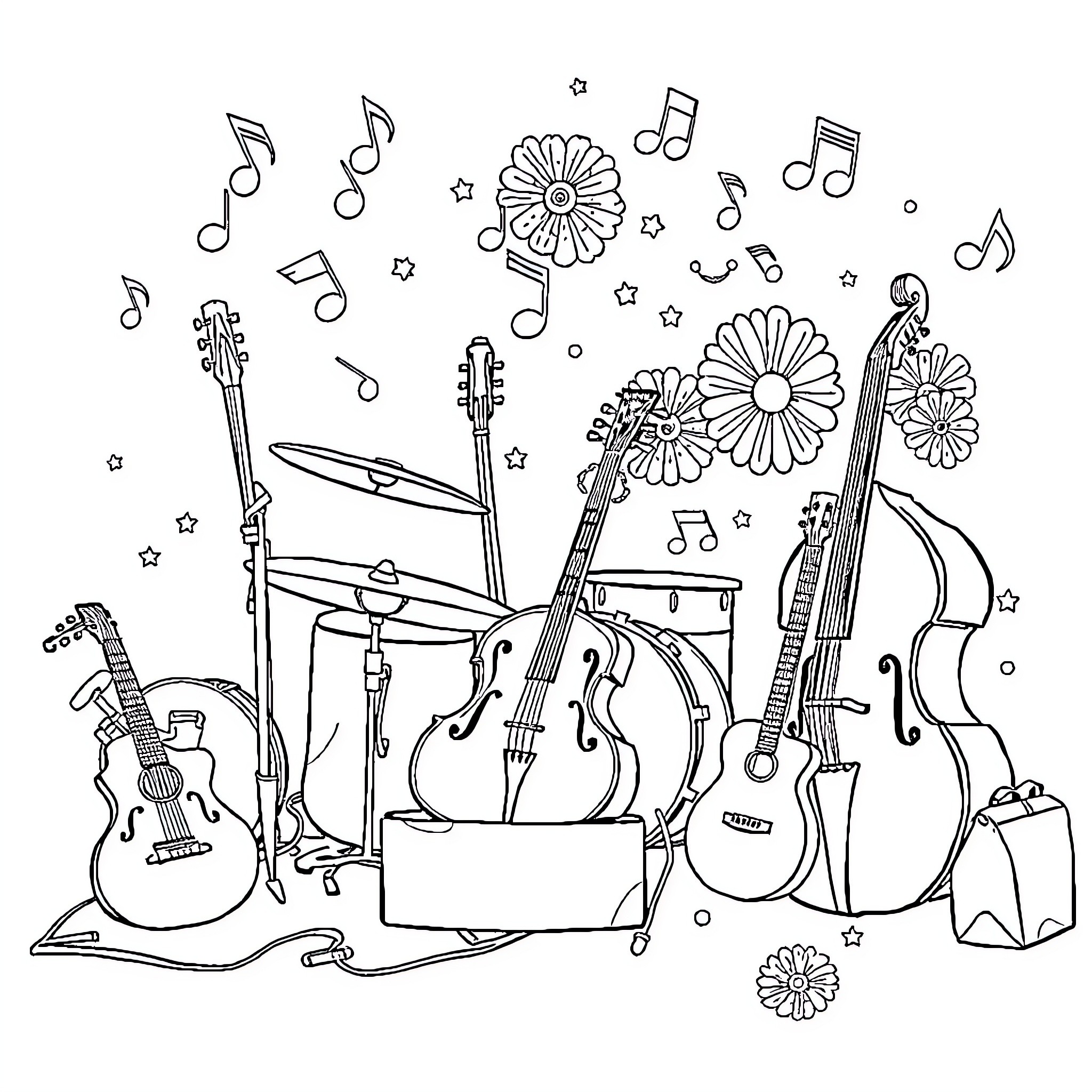Music Instruments and Floral Illustrations Coloring Page (free black-and-white line drawing printable PDF for all, from beginners to advanced learners, including children, teens, adults, and seniors)