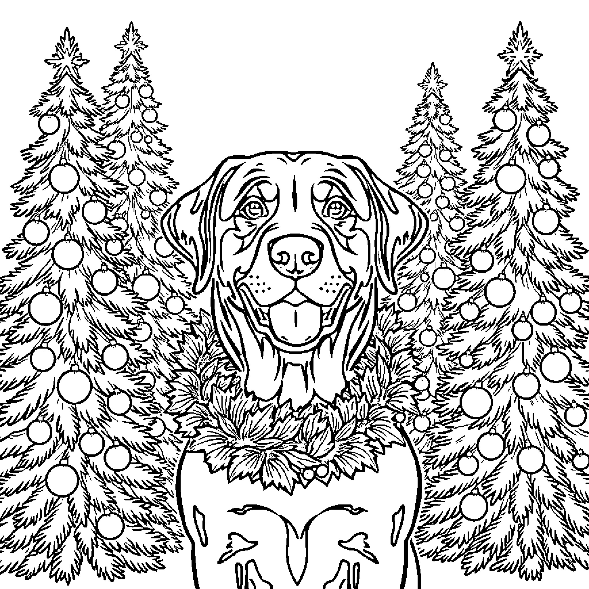 Labrador in a festive Christmas scene Coloring Page (free black-and-white line drawing printable PDF for all, from beginners to advanced learners, including children, teens, adults, and seniors)