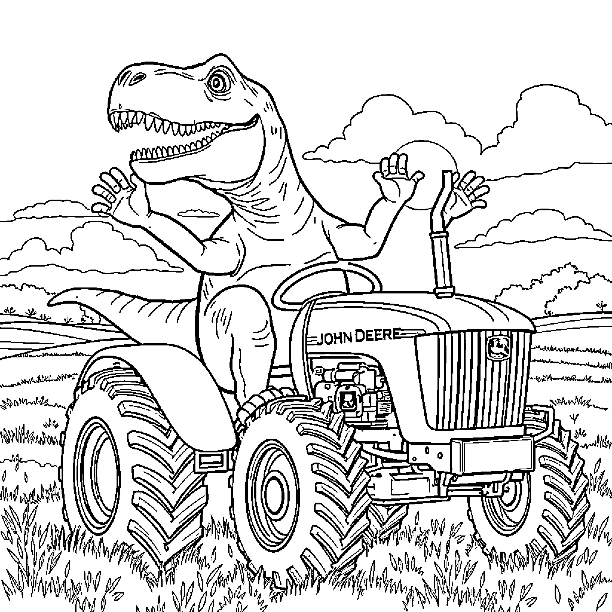 T-Rex riding a tractor through the countryside Coloring Page (free black-and-white line drawing printable PDF for all, from beginners to advanced learners, including children, teens, adults, and seniors)