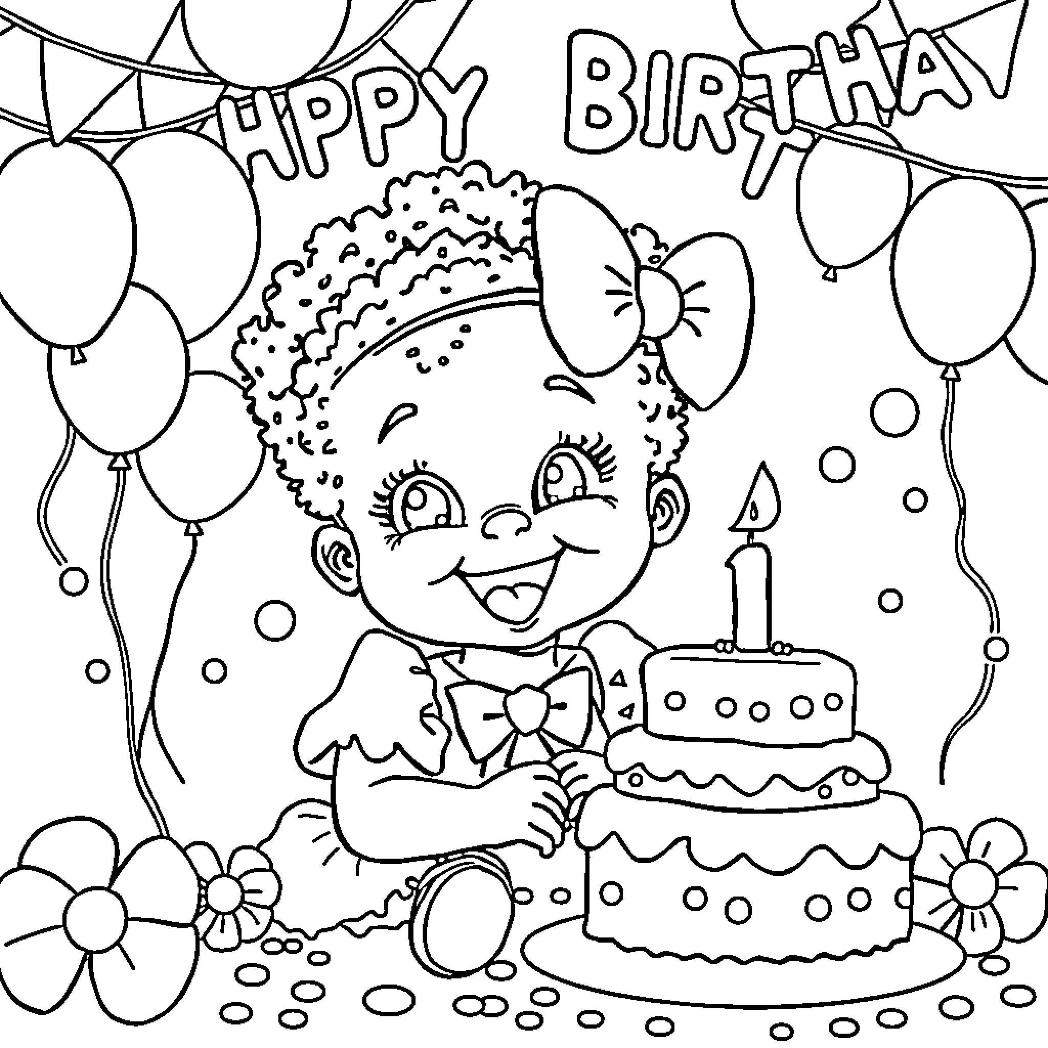 Girl celebrates happy birthday with cake and balloons Coloring Page (free black-and-white line drawing printable PDF for all, from beginners to advanced learners, including children, teens, adults, and seniors)