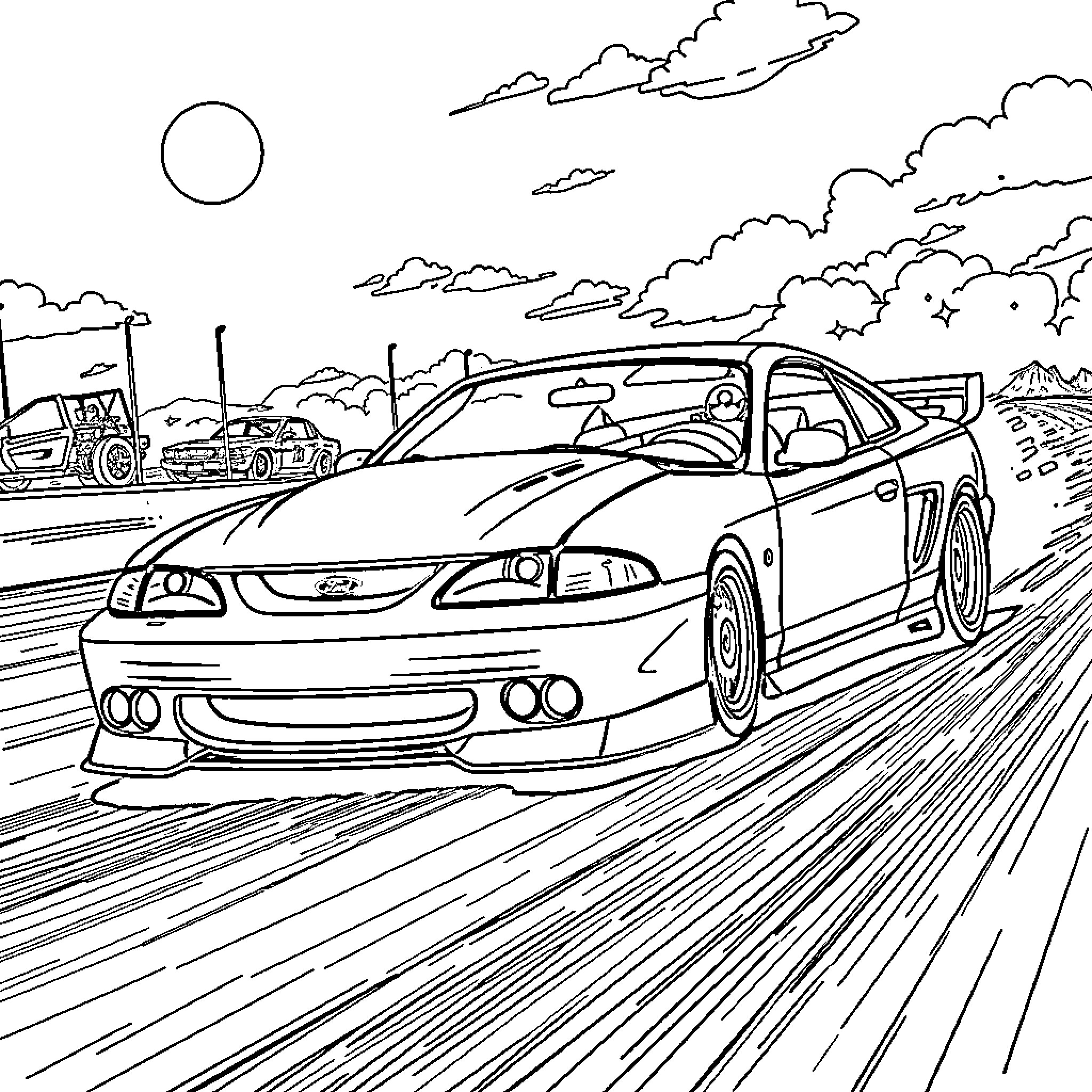 Ford Mustang speeding through the countryside Coloring Page (free black-and-white line drawing printable PDF for all, from beginners to advanced learners, including children, teens, adults, and seniors)