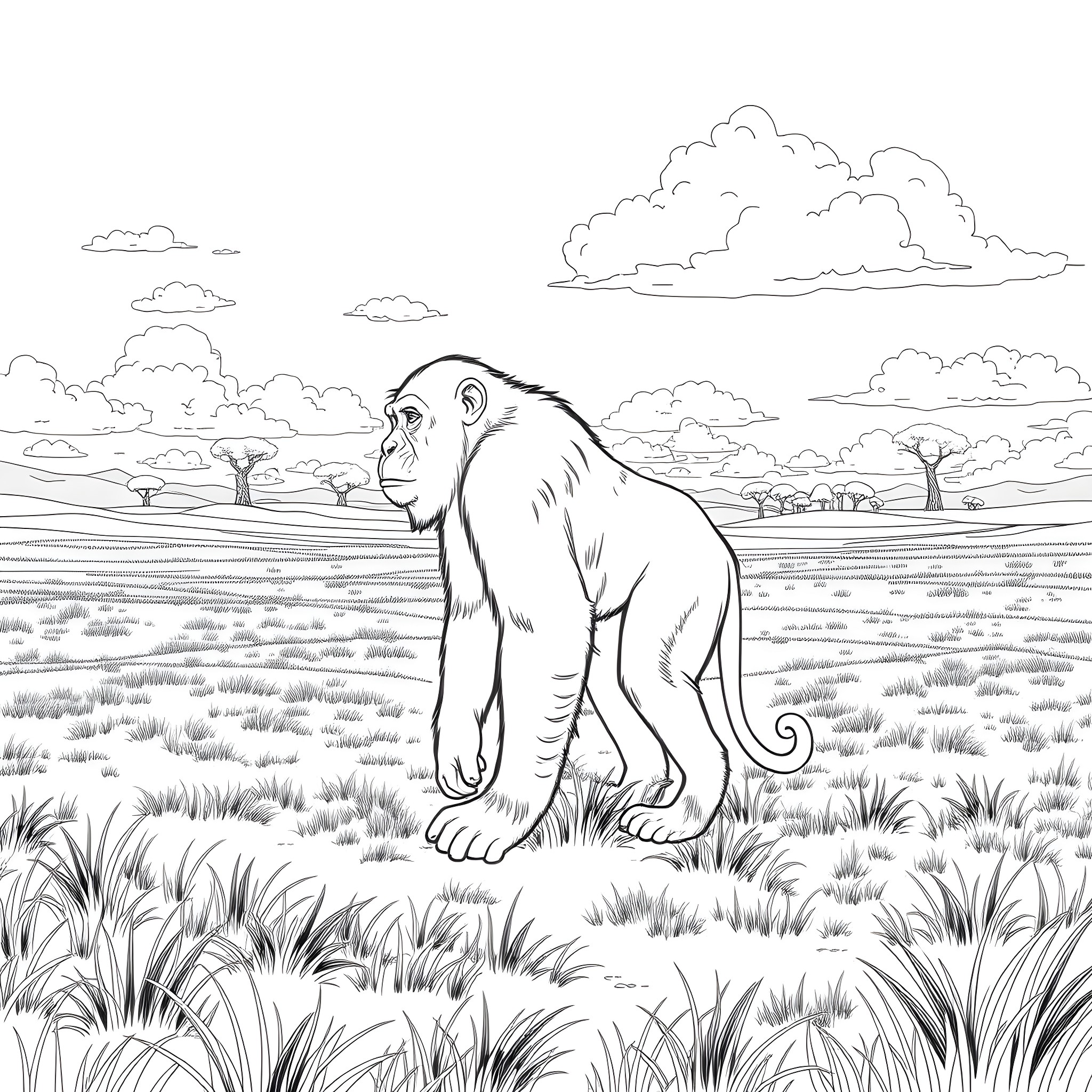 Monkey sitting in the African savanna Coloring Page (free black-and-white line drawing printable PDF for all, from beginners to advanced learners, including children, teens, adults, and seniors)