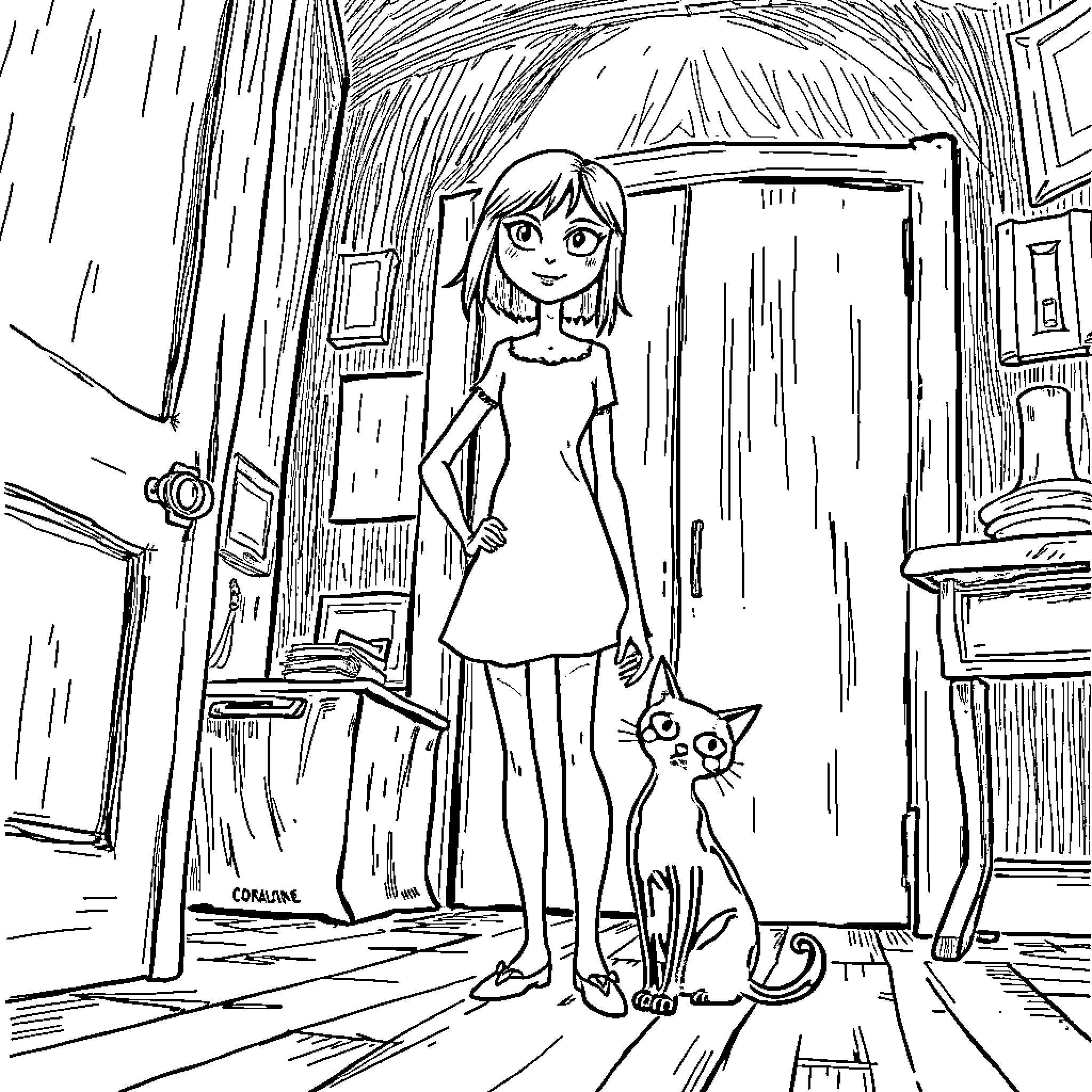 Coraline exploring a mysterious house with her cat companion Coloring Page (free black-and-white line drawing printable PDF for all, from beginners to advanced learners, including children, teens, adults, and seniors)