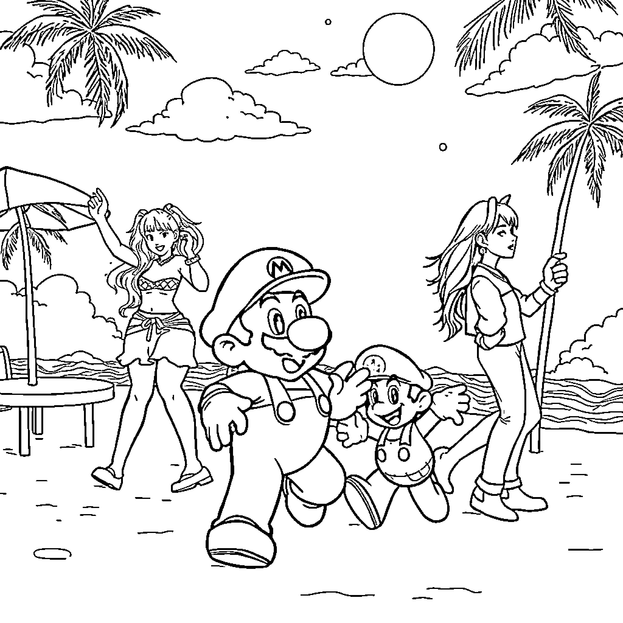 Kpop characters on a tropical beach adventure Coloring Page (free black-and-white line drawing printable PDF for all, from beginners to advanced learners, including children, teens, adults, and seniors)
