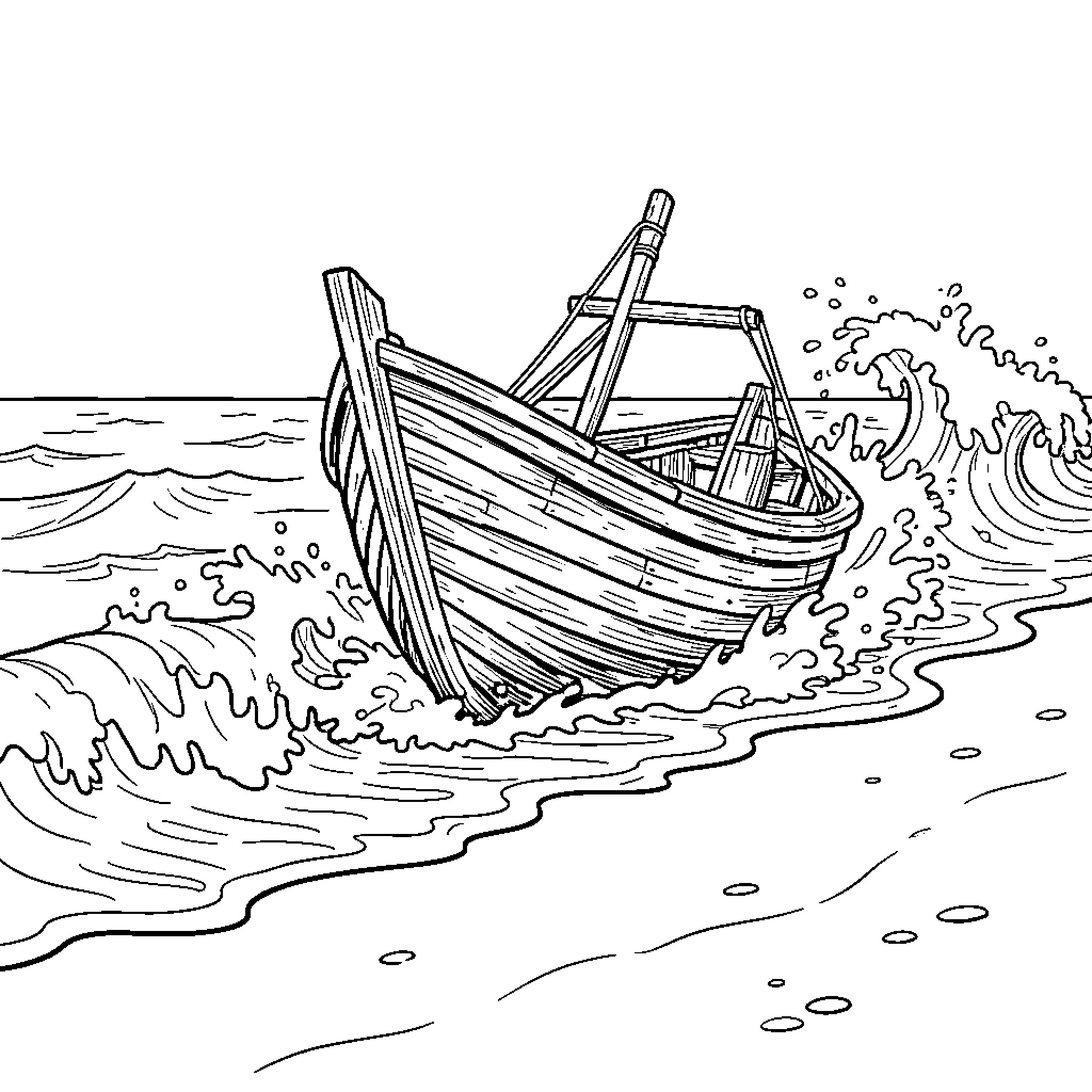 Bark of a small boat tossed by ocean waves Coloring Page (free black-and-white line drawing printable PDF for all, from beginners to advanced learners, including children, teens, adults, and seniors)