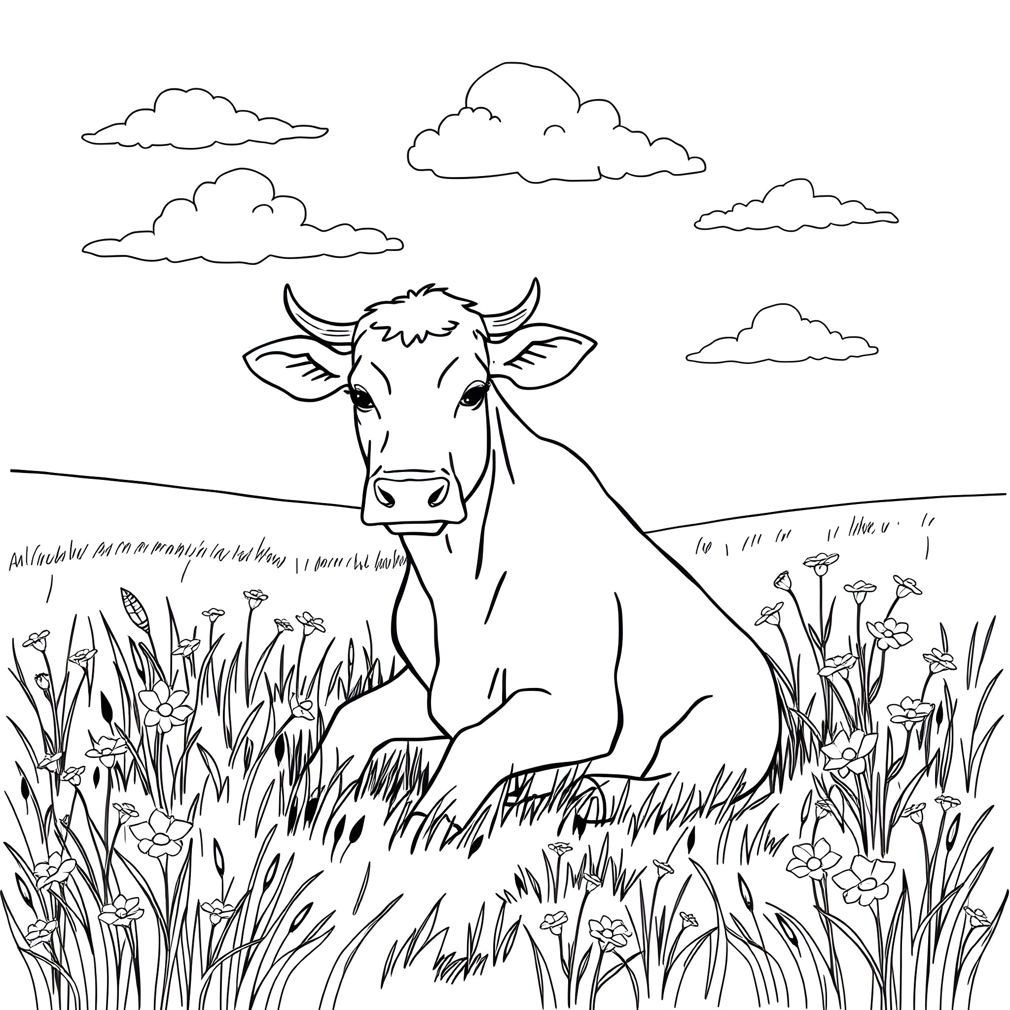 Cow resting peacefully in a lush meadow Coloring Page (free black-and-white line drawing printable PDF for all, from beginners to advanced learners, including children, teens, adults, and seniors)