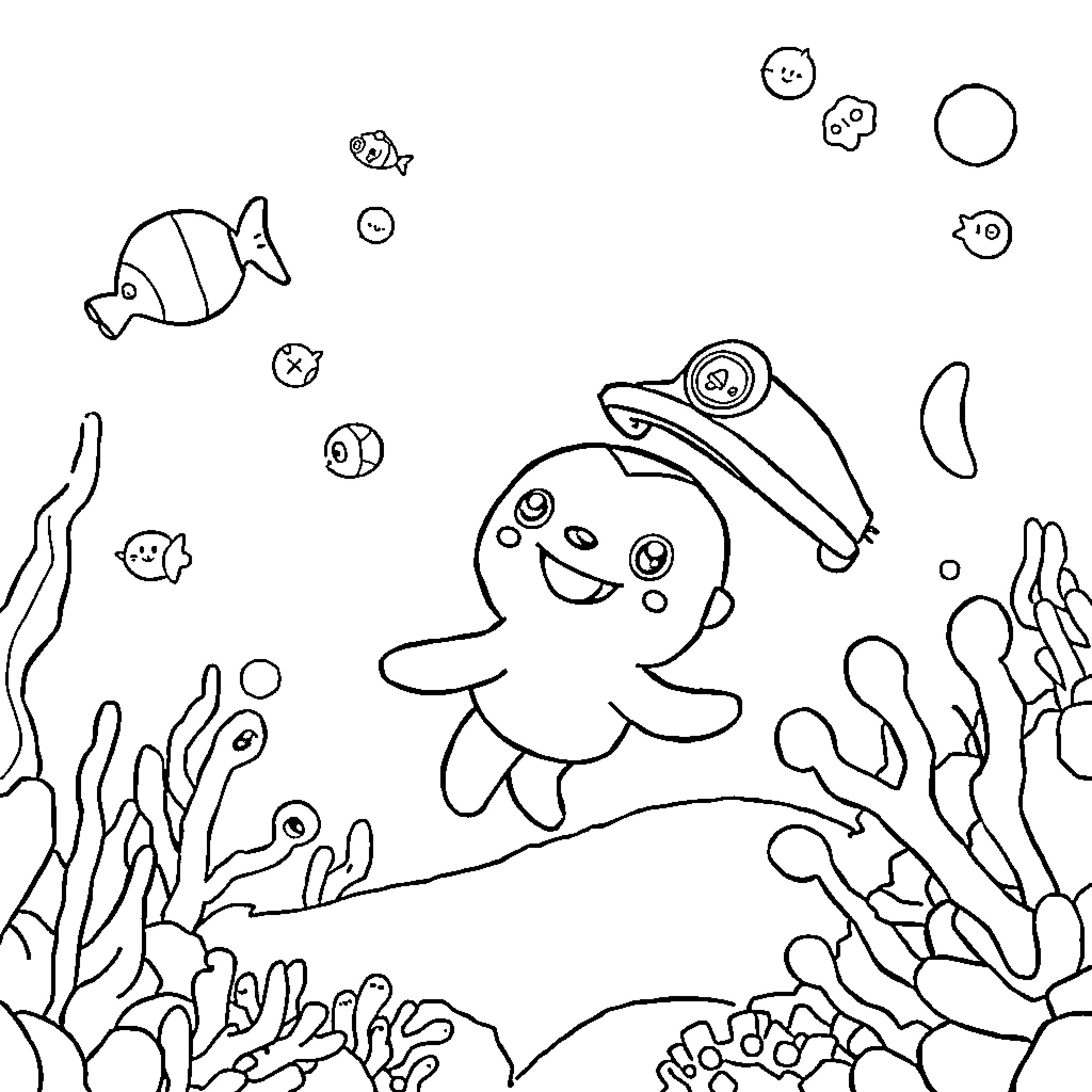 Kwazii exploring the underwater world Coloring Page (free black-and-white line drawing printable PDF for all, from beginners to advanced learners, including children, teens, adults, and seniors)