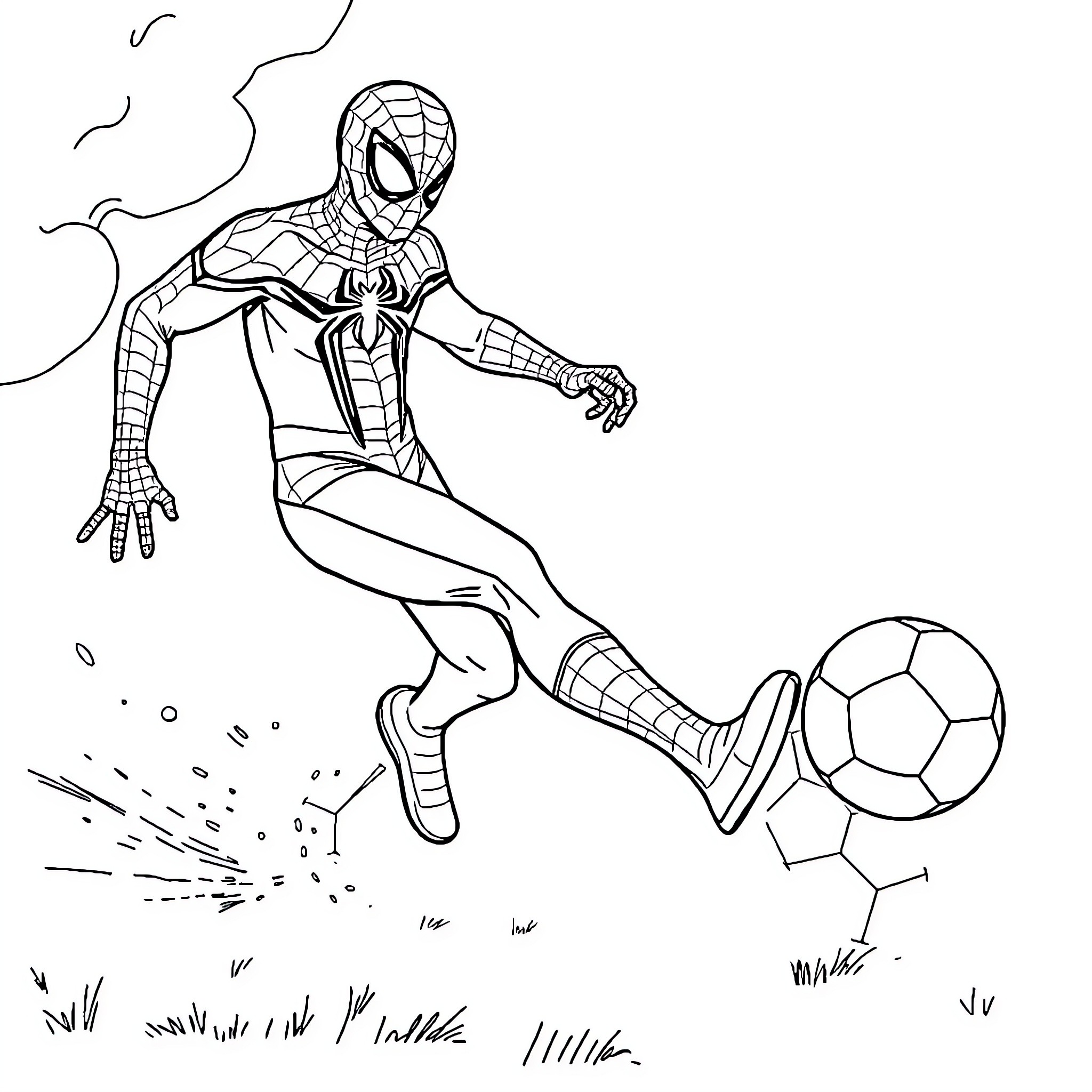 Spiderman playing soccer with zeal Coloring Page (free black-and-white line drawing printable PDF for all, from beginners to advanced learners, including children, teens, adults, and seniors)