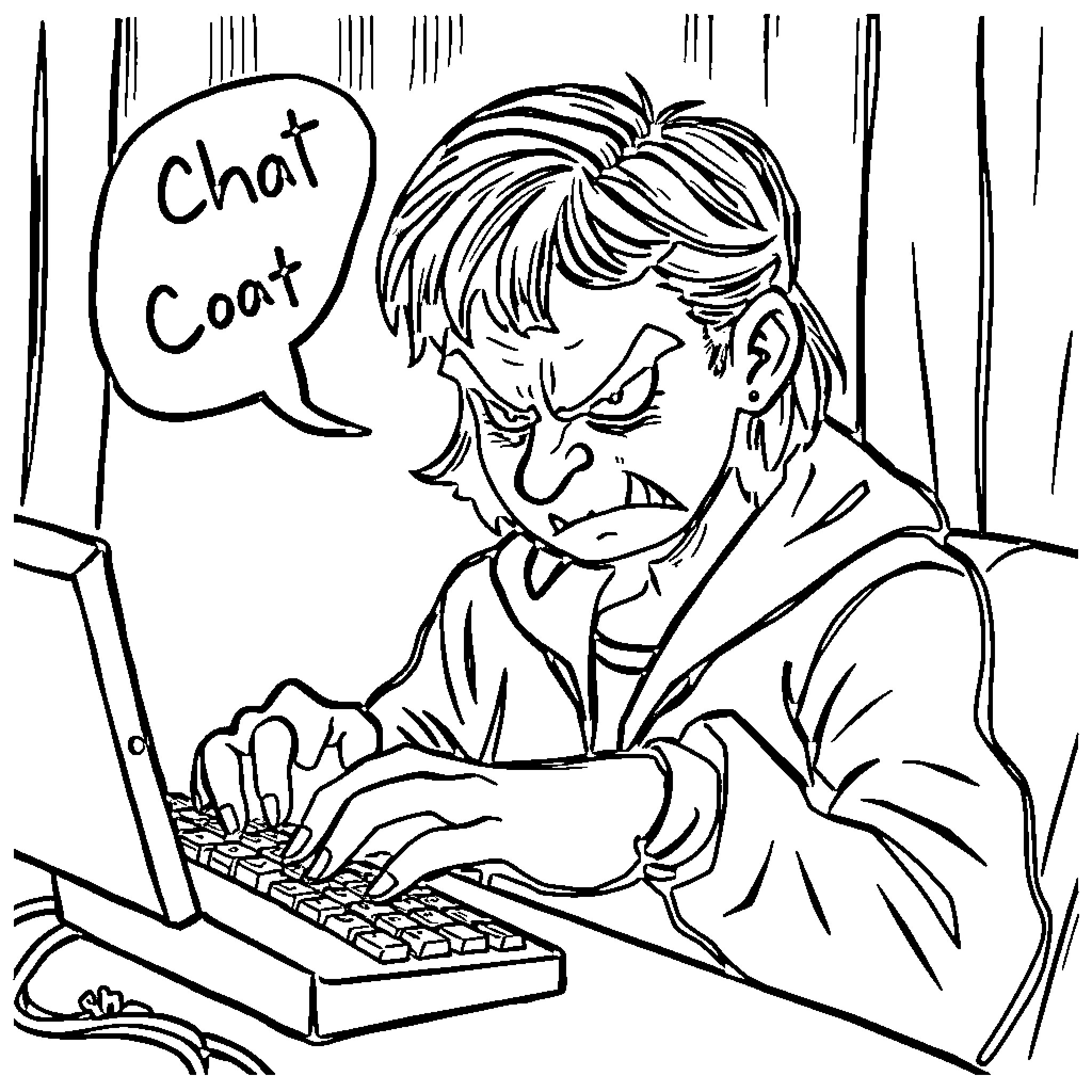 Chat Coat: A Frustrated Person Typing on a Keyboard Coloring Page (free black-and-white line drawing printable PDF for all, from beginners to advanced learners, including children, teens, adults, and seniors)