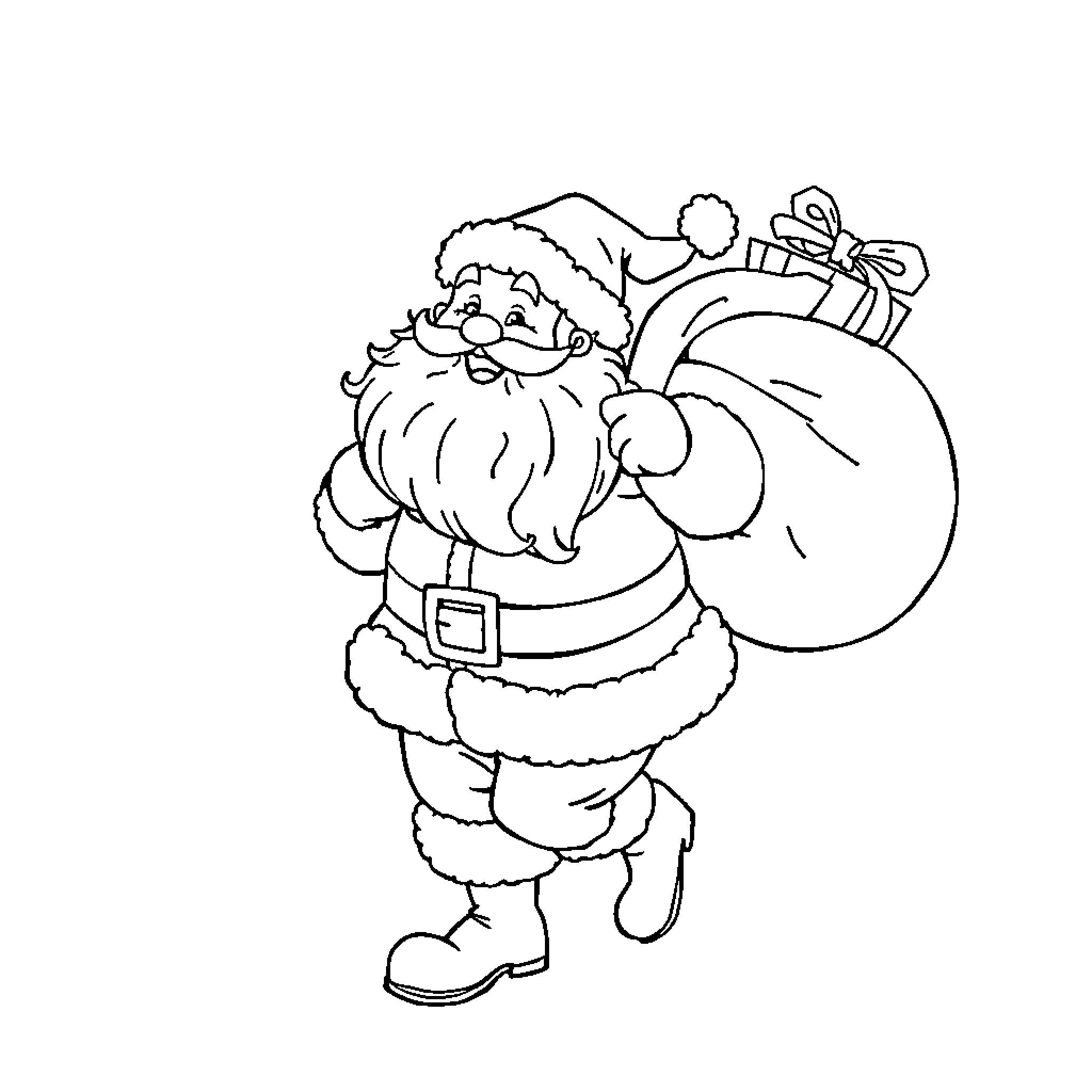 Santa Claus carrying a sack of gifts Coloring Page (free black-and-white line drawing printable PDF for all, from beginners to advanced learners, including children, teens, adults, and seniors)