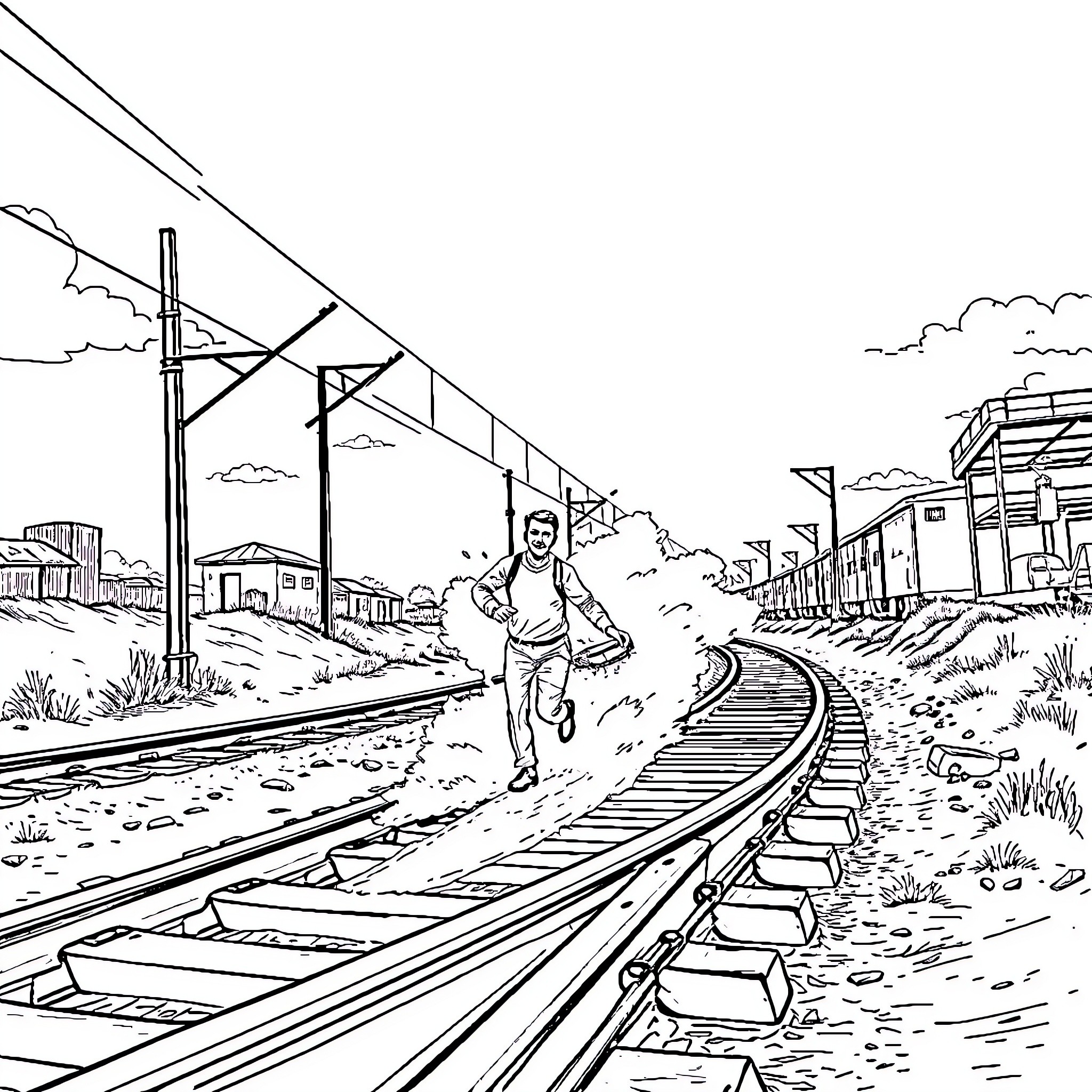 Man running along railroad tracks in rural landscape Coloring Page (free black-and-white line drawing printable PDF for all, from beginners to advanced learners, including children, teens, adults, and seniors)