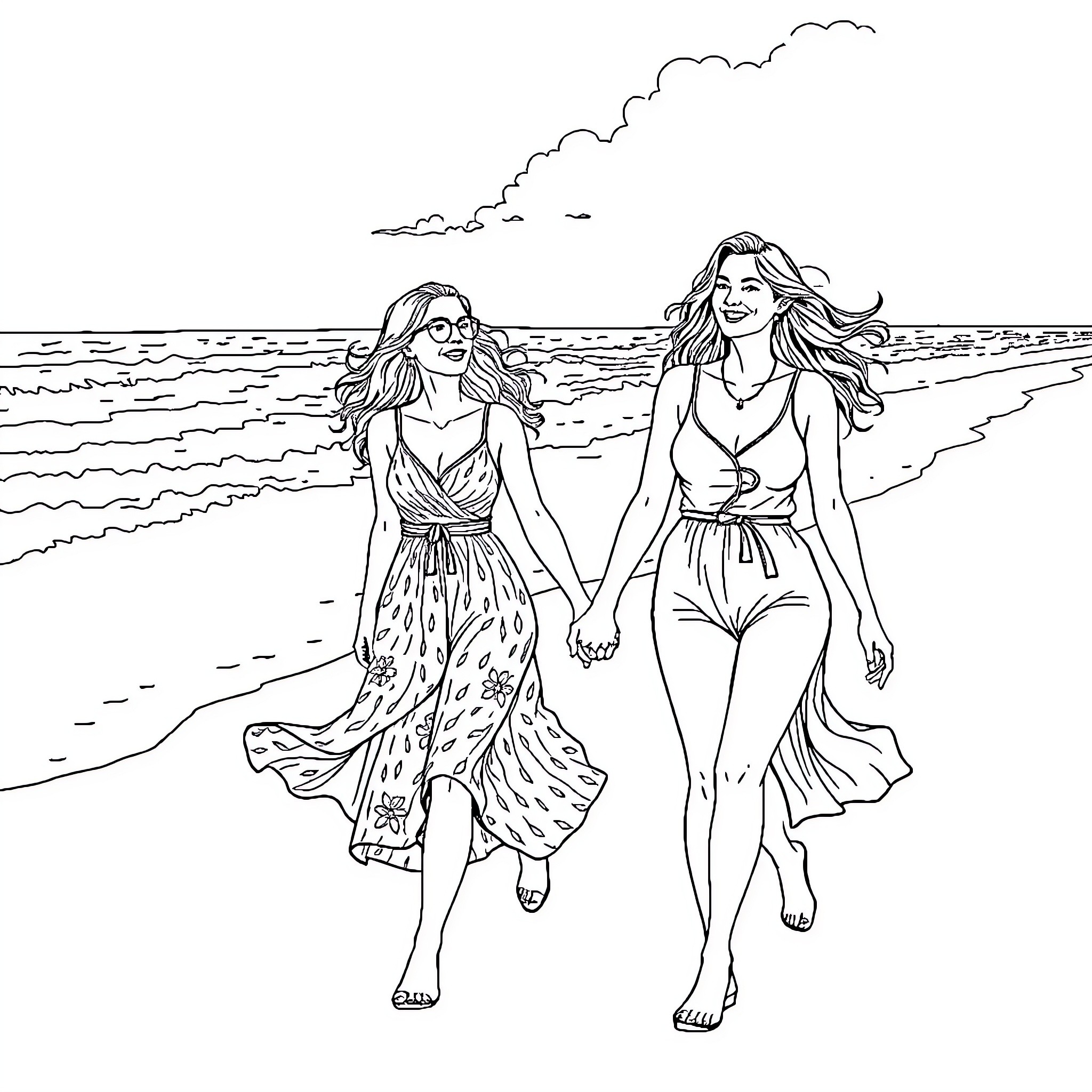 Women walking together on the beach Coloring Page (free black-and-white line drawing printable PDF for all, from beginners to advanced learners, including children, teens, adults, and seniors)
