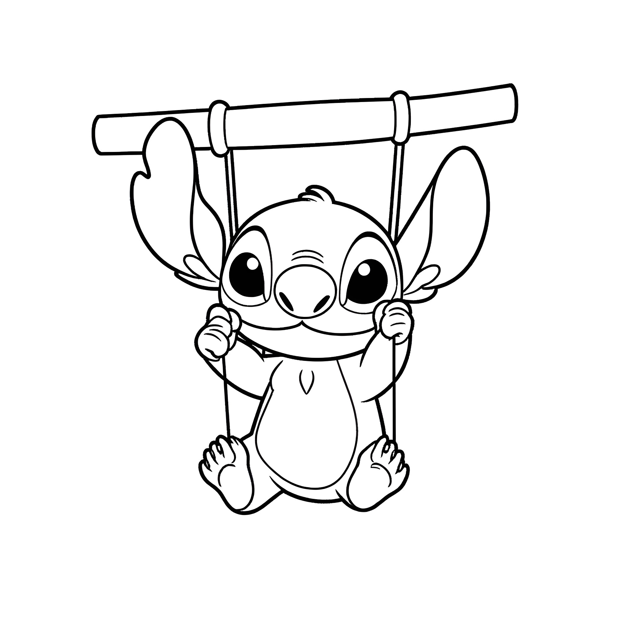Stitch swinging happily on a wooden stick Coloring Page (free black-and-white line drawing printable PDF for all, from beginners to advanced learners, including children, teens, adults, and seniors)