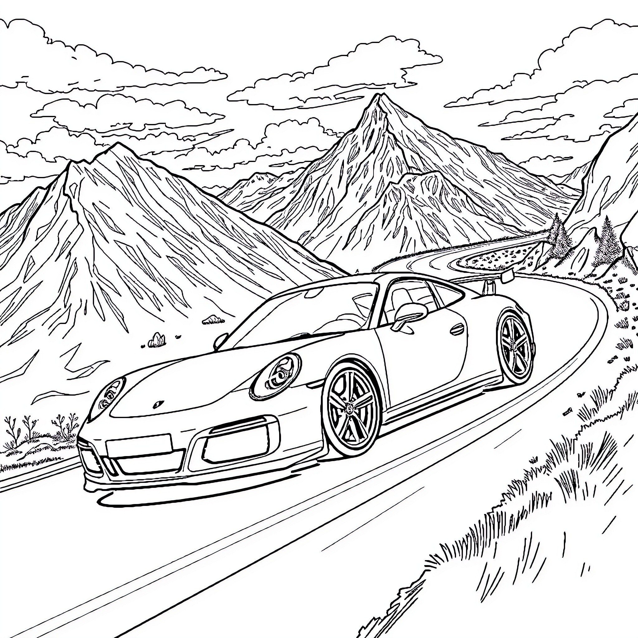 Porsche sports car on a mountain road Coloring Page (free black-and-white line drawing printable PDF for all, from beginners to advanced learners, including children, teens, adults, and seniors)