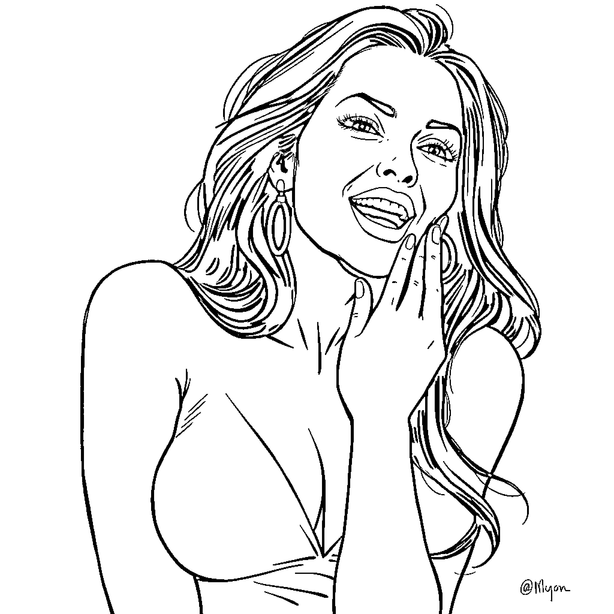 Megan Fox in stylish pose with confident expression Coloring Page (free black-and-white line drawing printable PDF for all, from beginners to advanced learners, including children, teens, adults, and seniors)